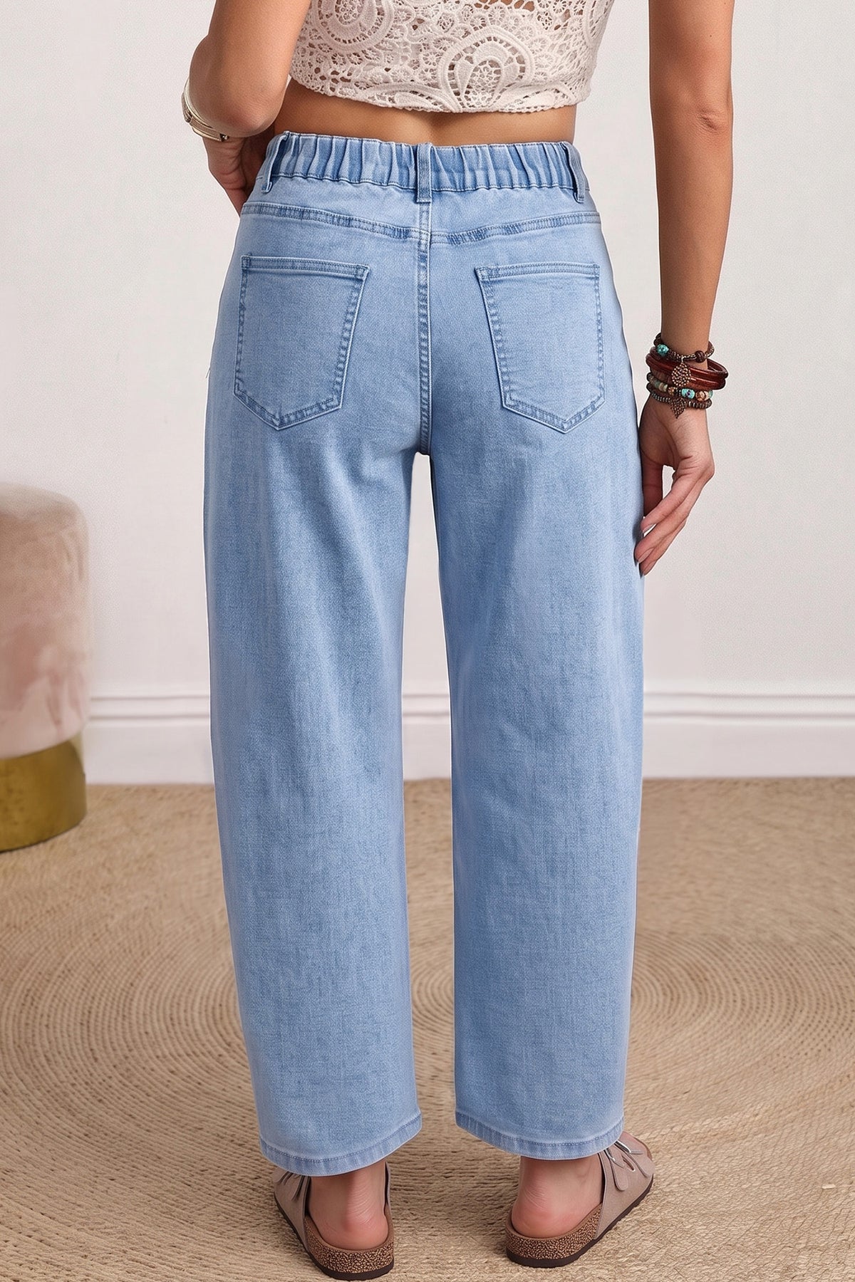 Four Leaf Clover Solid Color Square Patch Pocket Ankle-length Barrel Jeans
