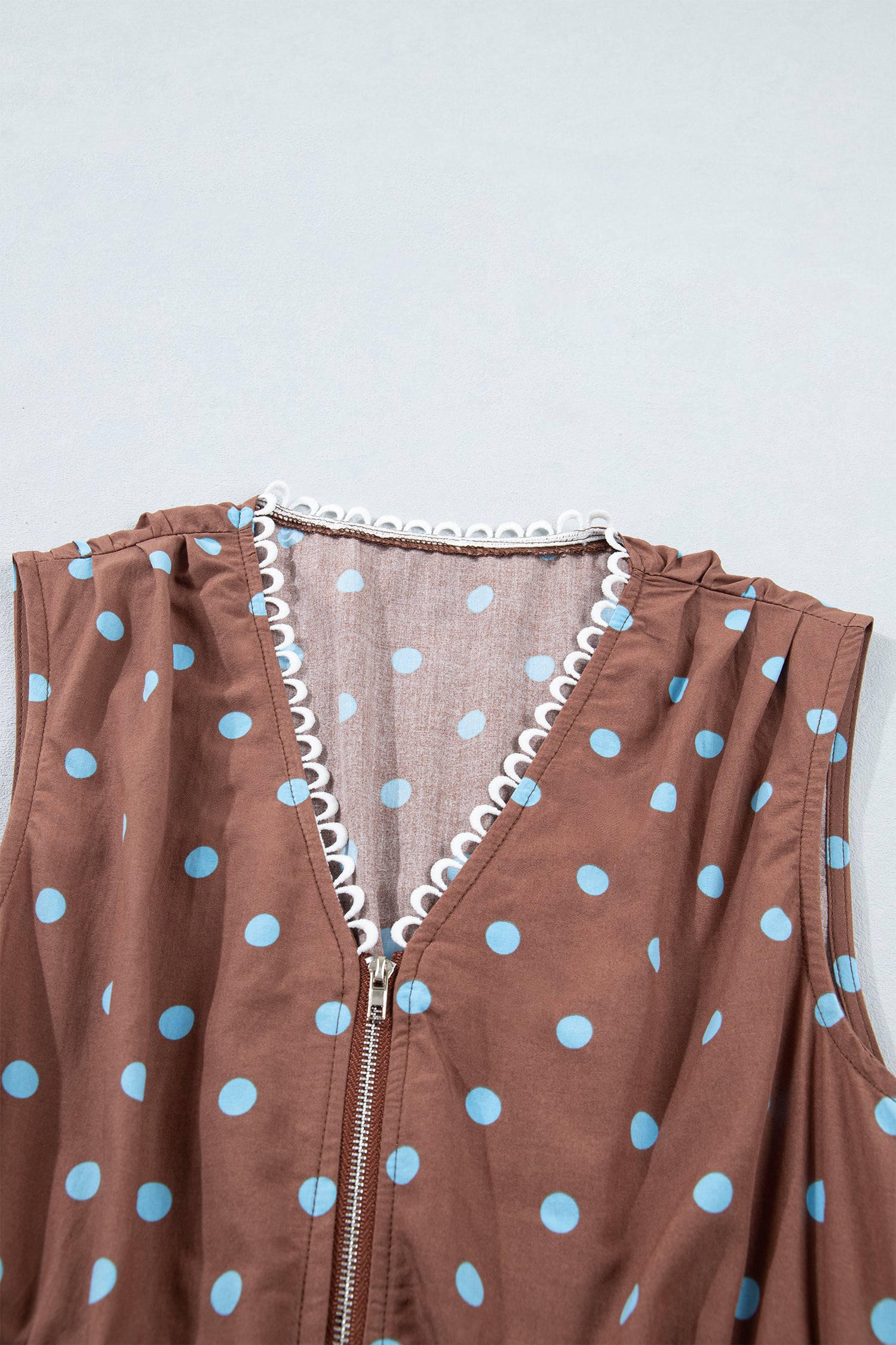 Black Polka Dot Print Contrast Trim V Neck Zip Up Sleeveless Dress
