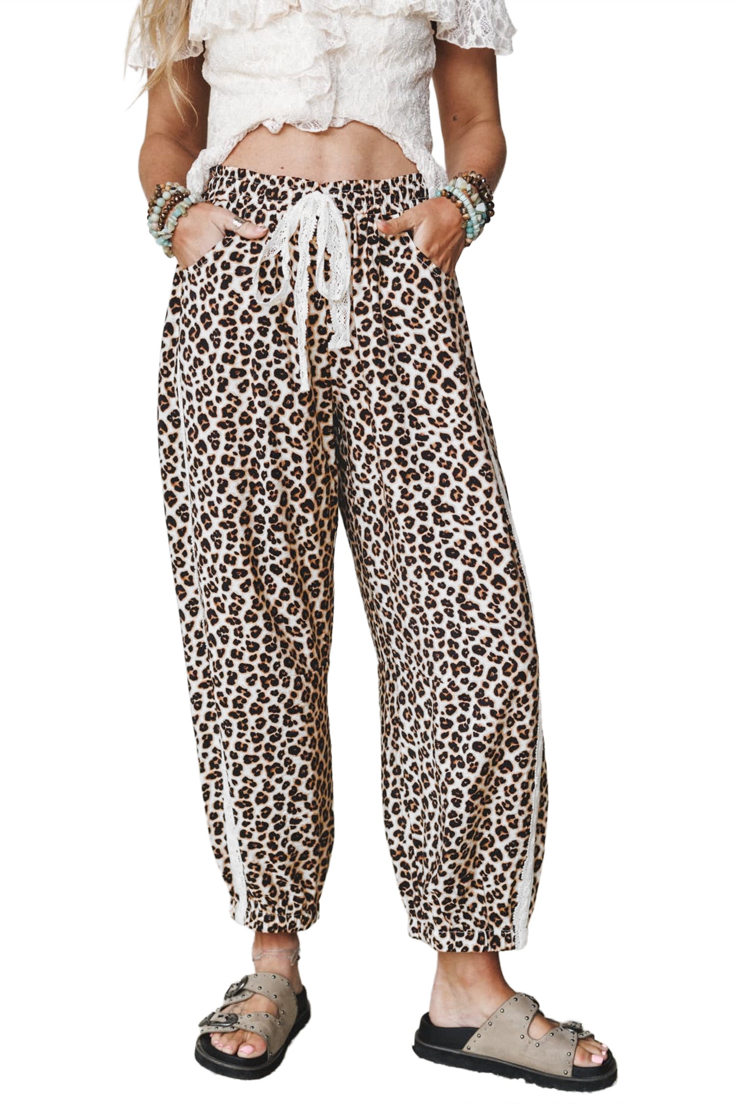 Black Leopard Print Ankle-Length Elastic Waist Pants