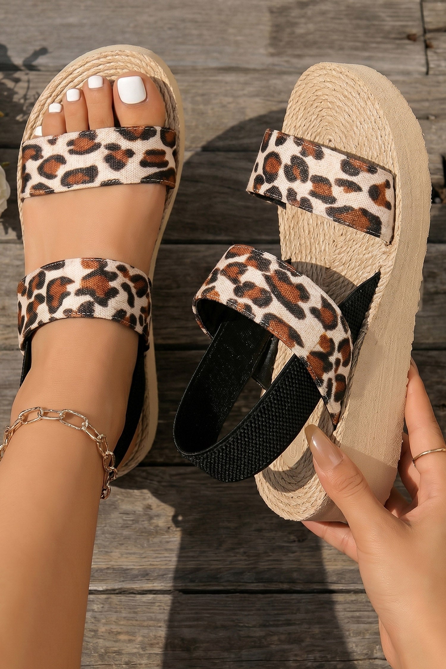 Thai Curry Leopard Double Straps Woven Textured Sole Casual Sandals