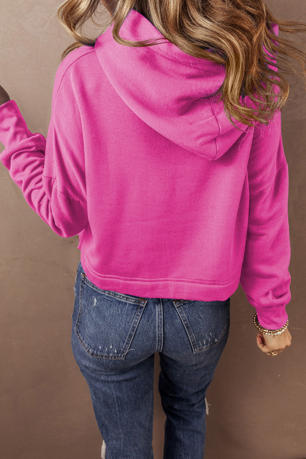Dark Blue Solid Drop Shoulder Drawstring Cropped Hoodie