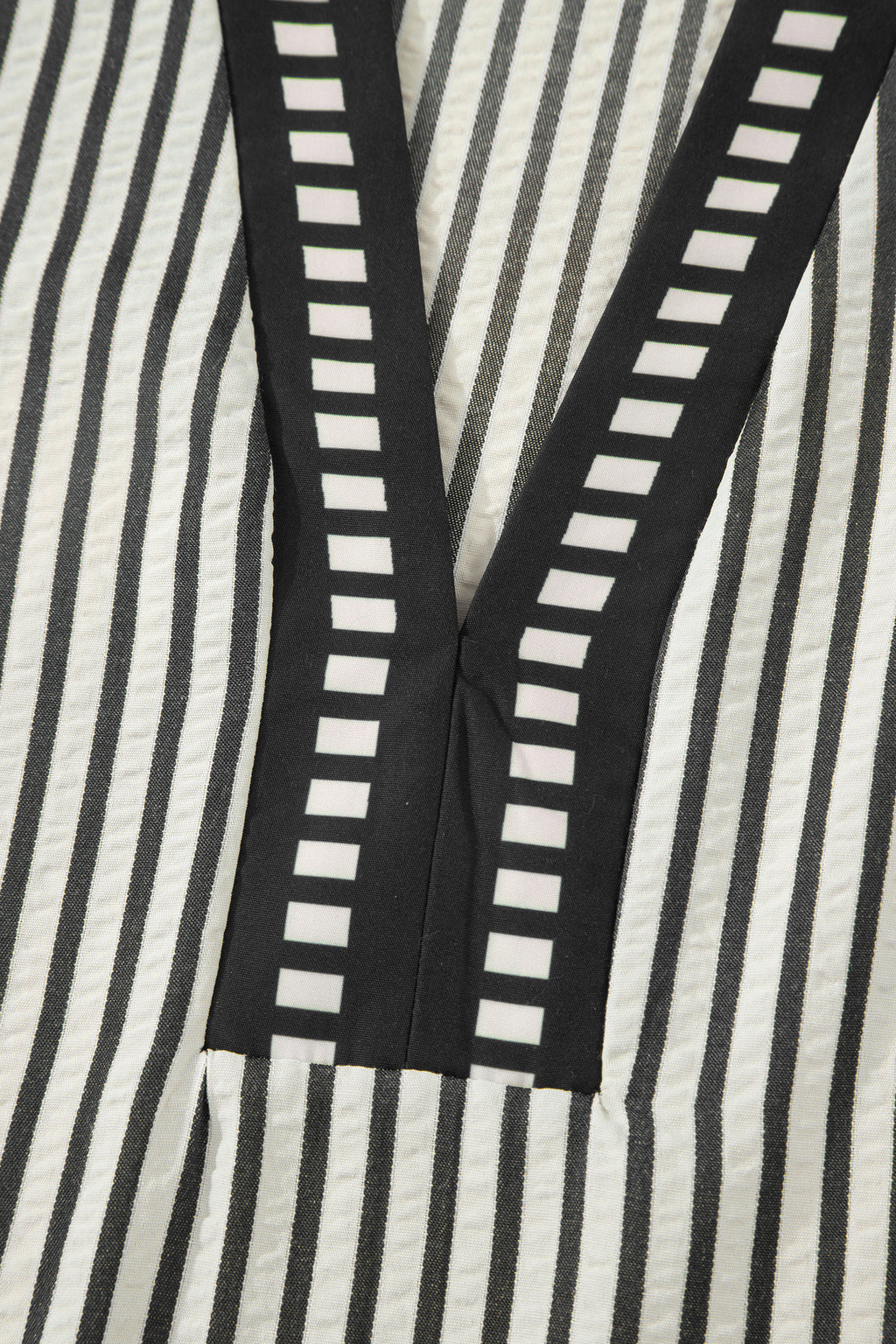 Black Stripe Double Ruffled Short Sleeve V Neck Blouse