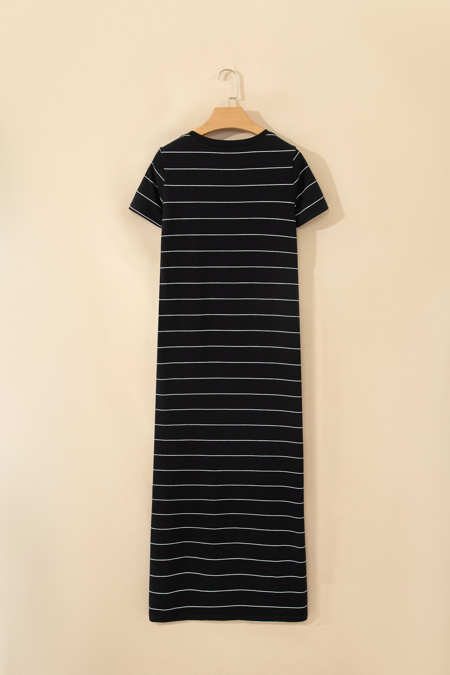 Khaki Stripe Casual Short Sleeve Side Slit Maxi T Shirt Dress