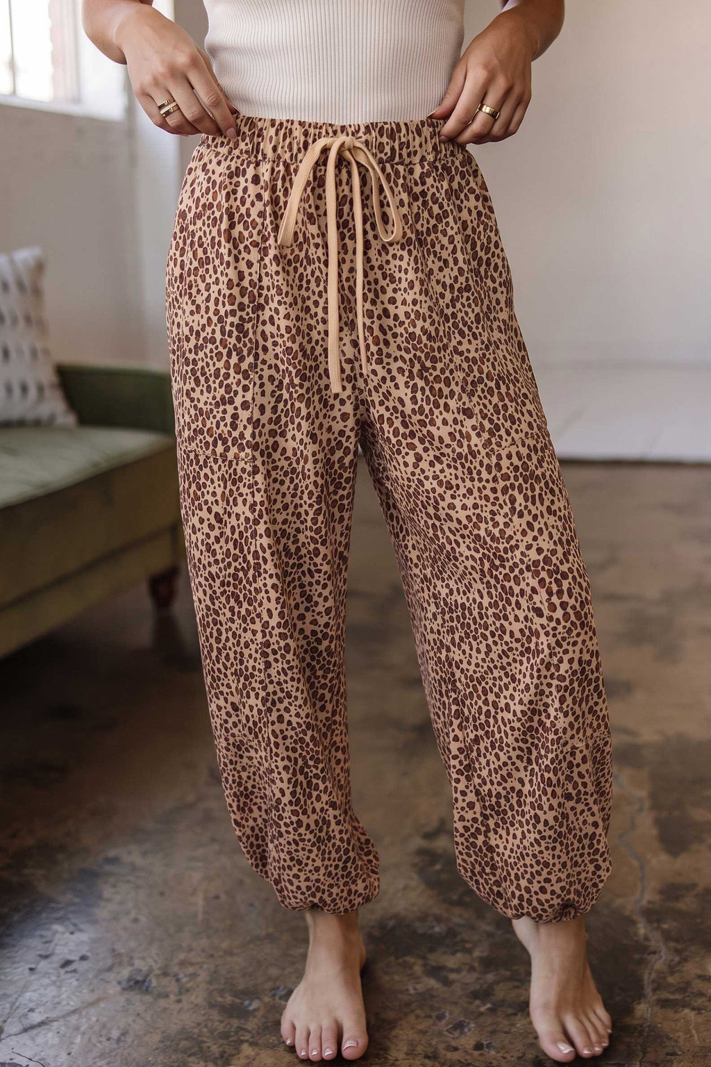 Khaki Leopard Print Drawstring Waist Patch Pockets Pants