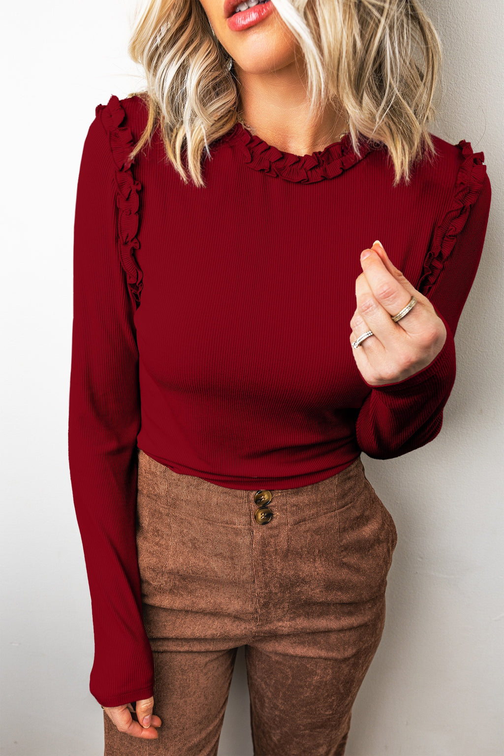 Black Solid Color Round Neck Frill Detail Long Sleeve Top
