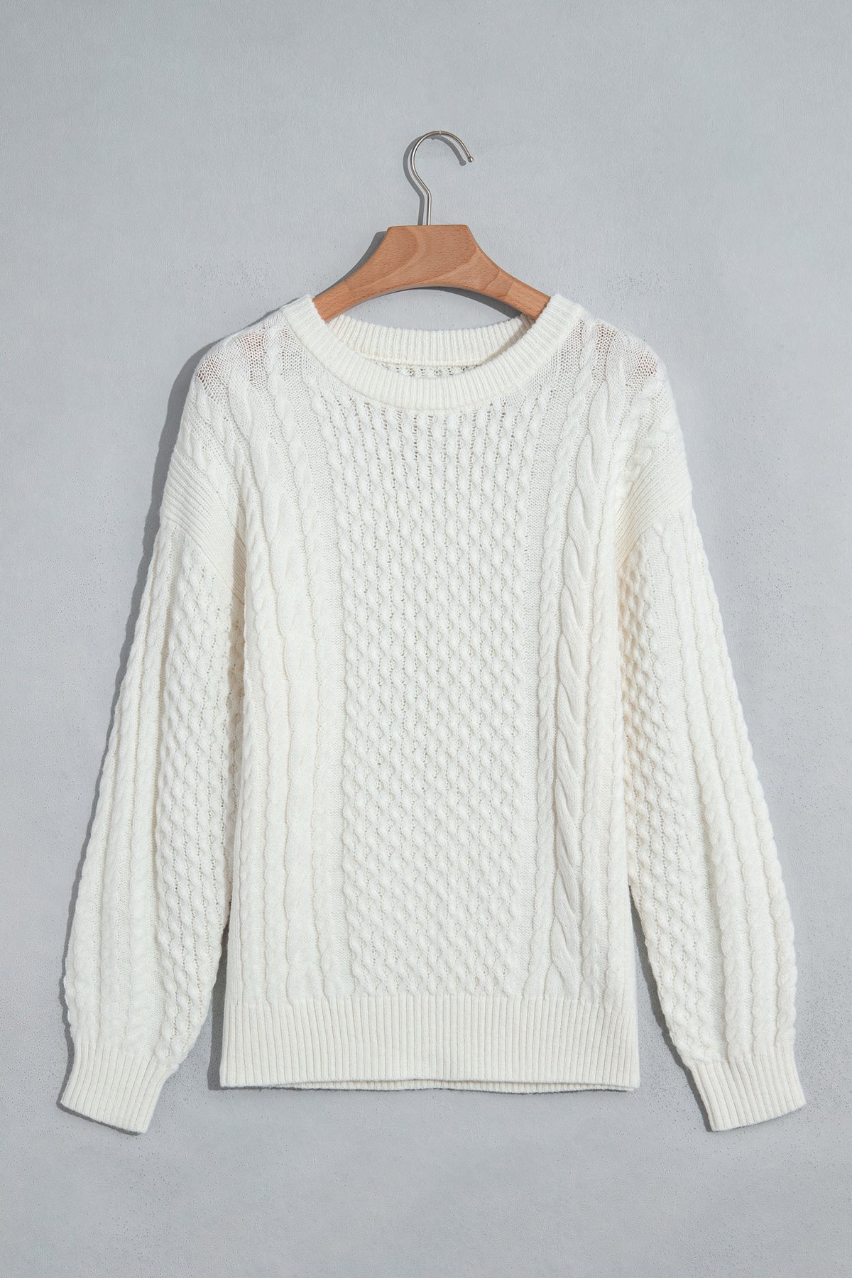 Beige Solid Color Cable Detail Knit Loose Round Neck Sweater