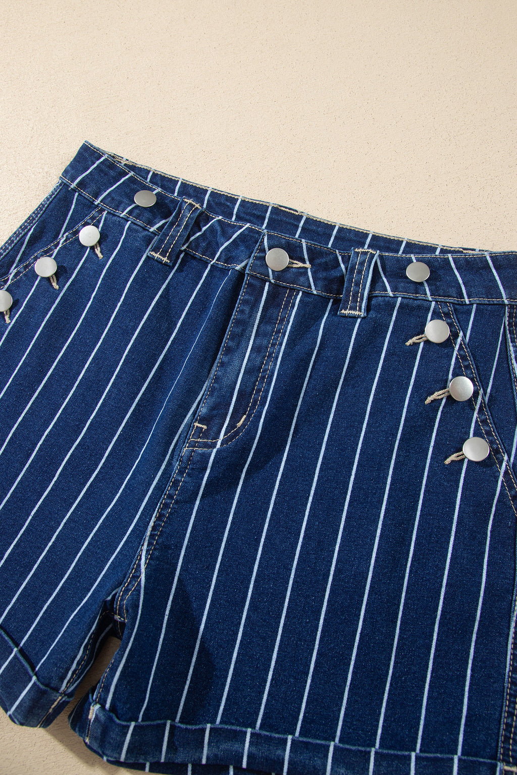 Blue Stripe Metal Button Detail Denim Shorts