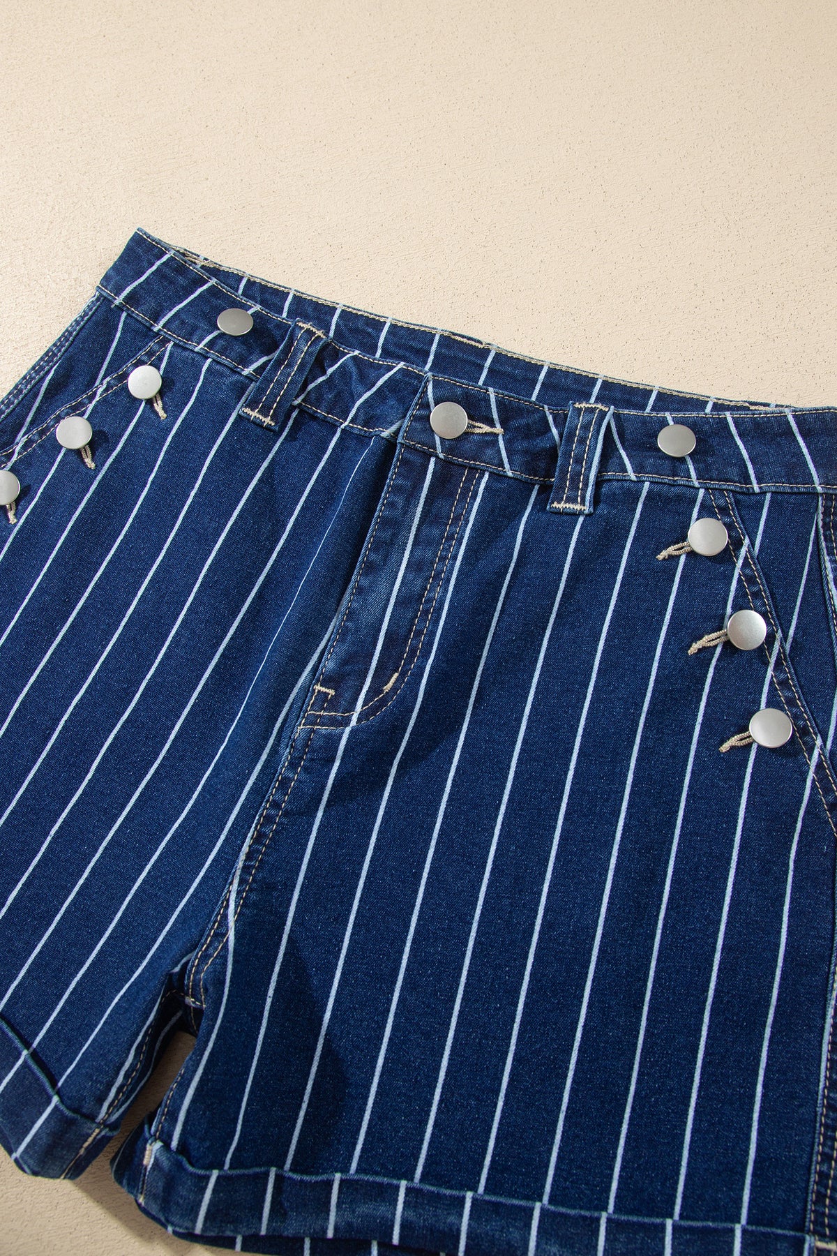 Blue Stripe Metal Button Detail Denim Shorts