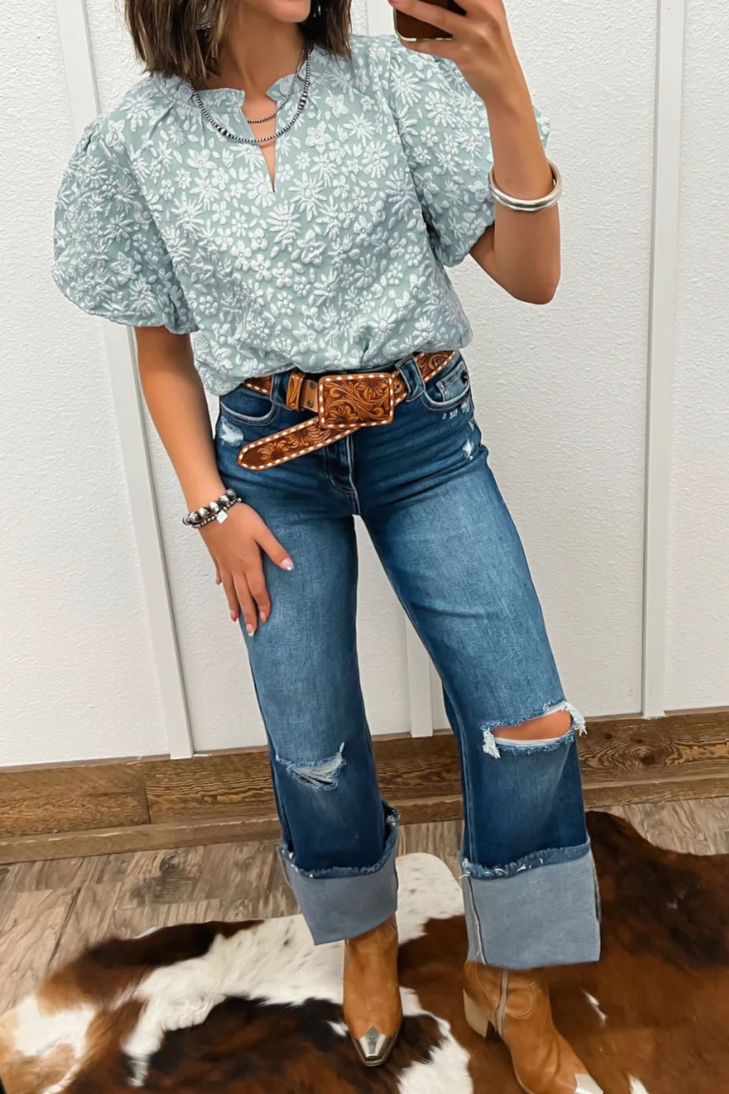 Apricot Pink Floral Textured Jacquard Puff Sleeve Blouse