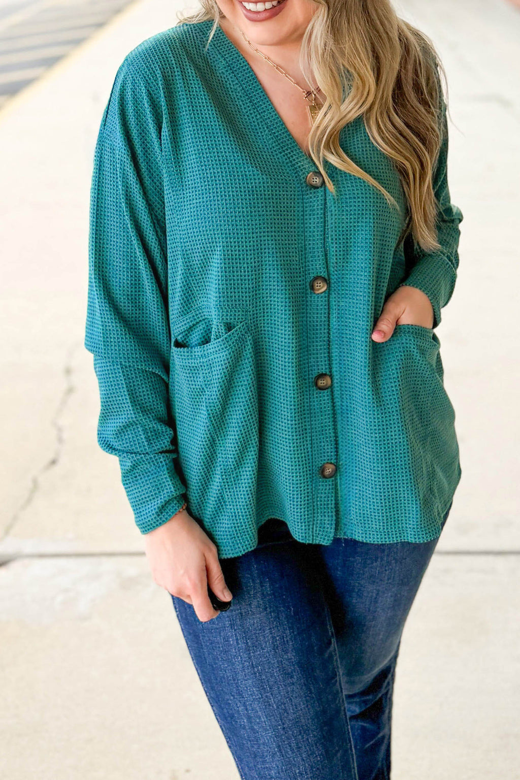 Lapis V Neck Waffle Textured Button Front Tunic Long Sleeve Plus Size Cardigan