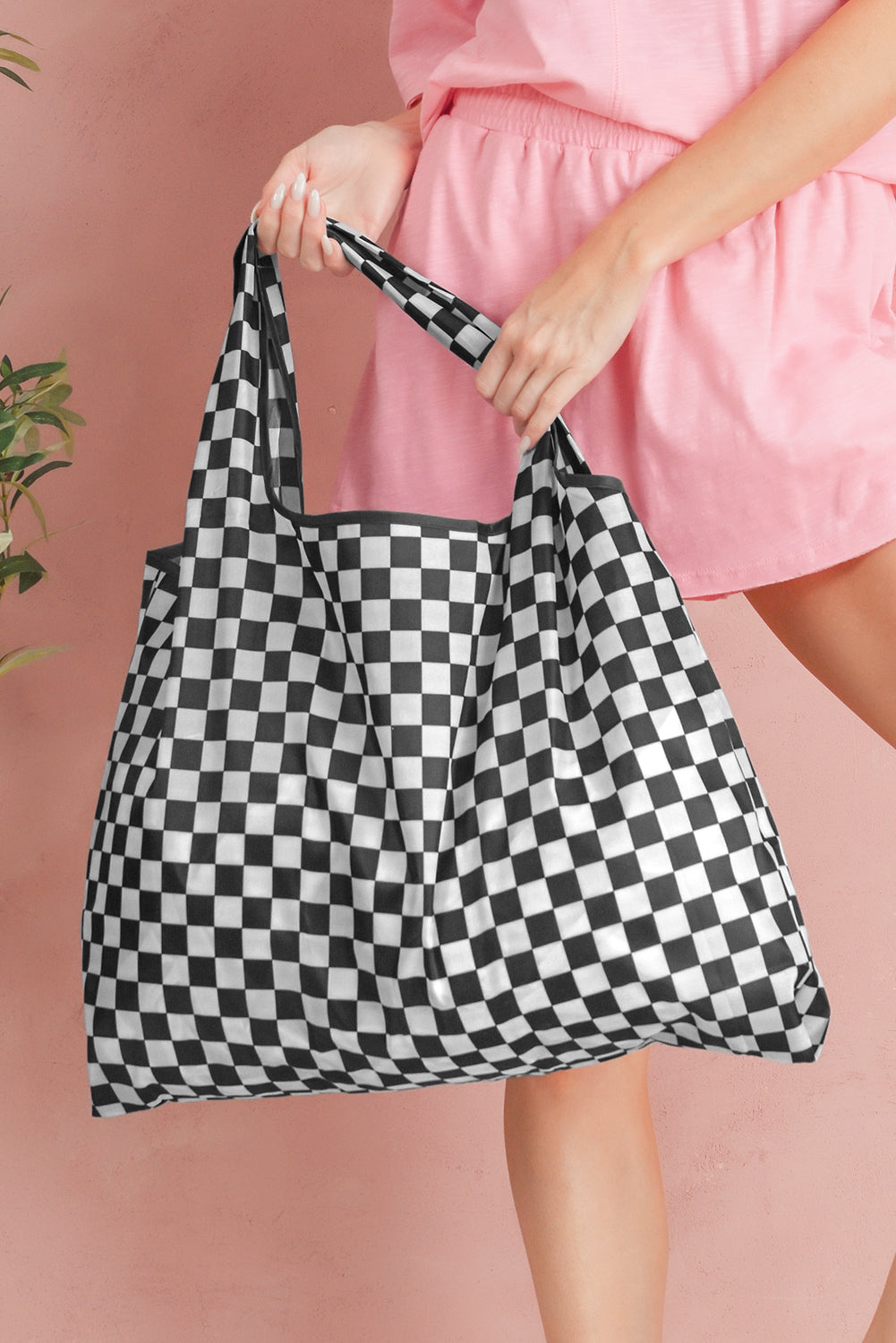 Color black Checkered Print Large Capacity Canvas Shoulder Bag