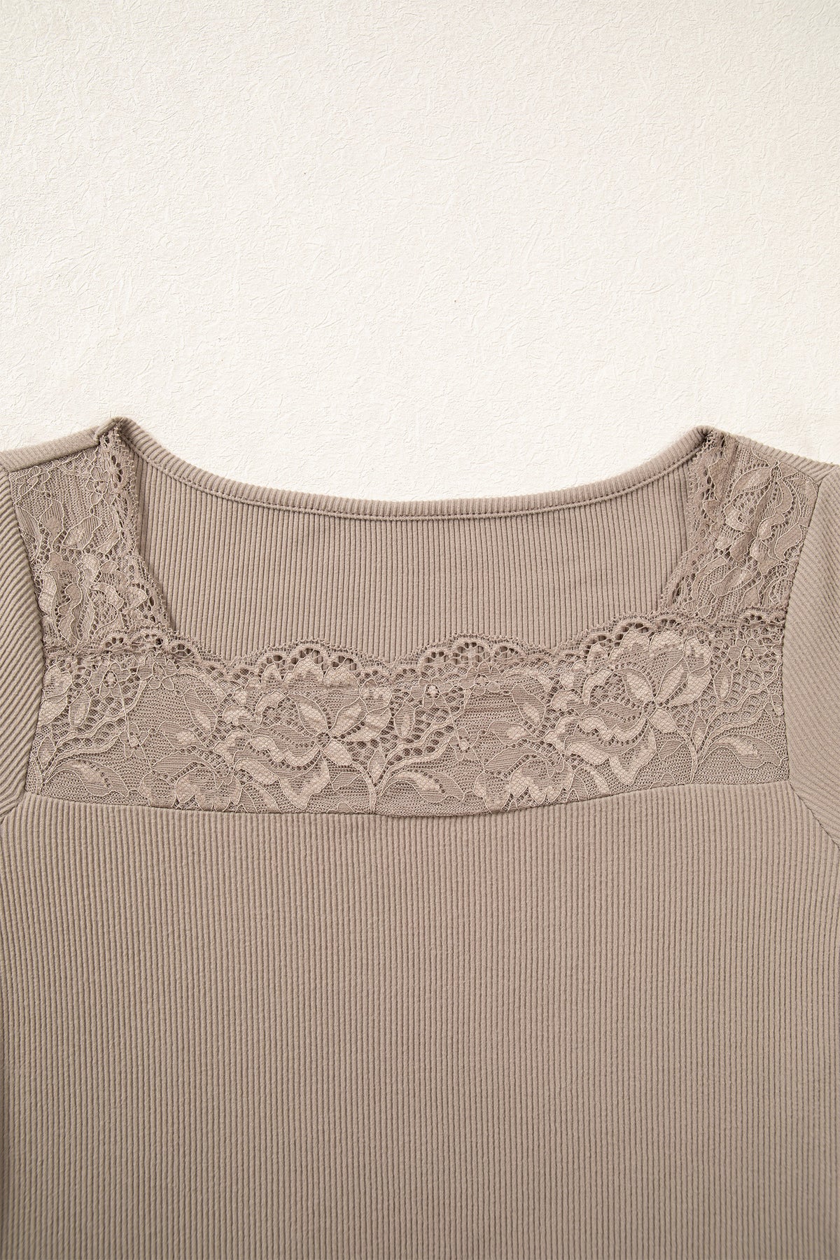 DUNE Solid Color Ribbed Lace Neck Long Sleeve Top