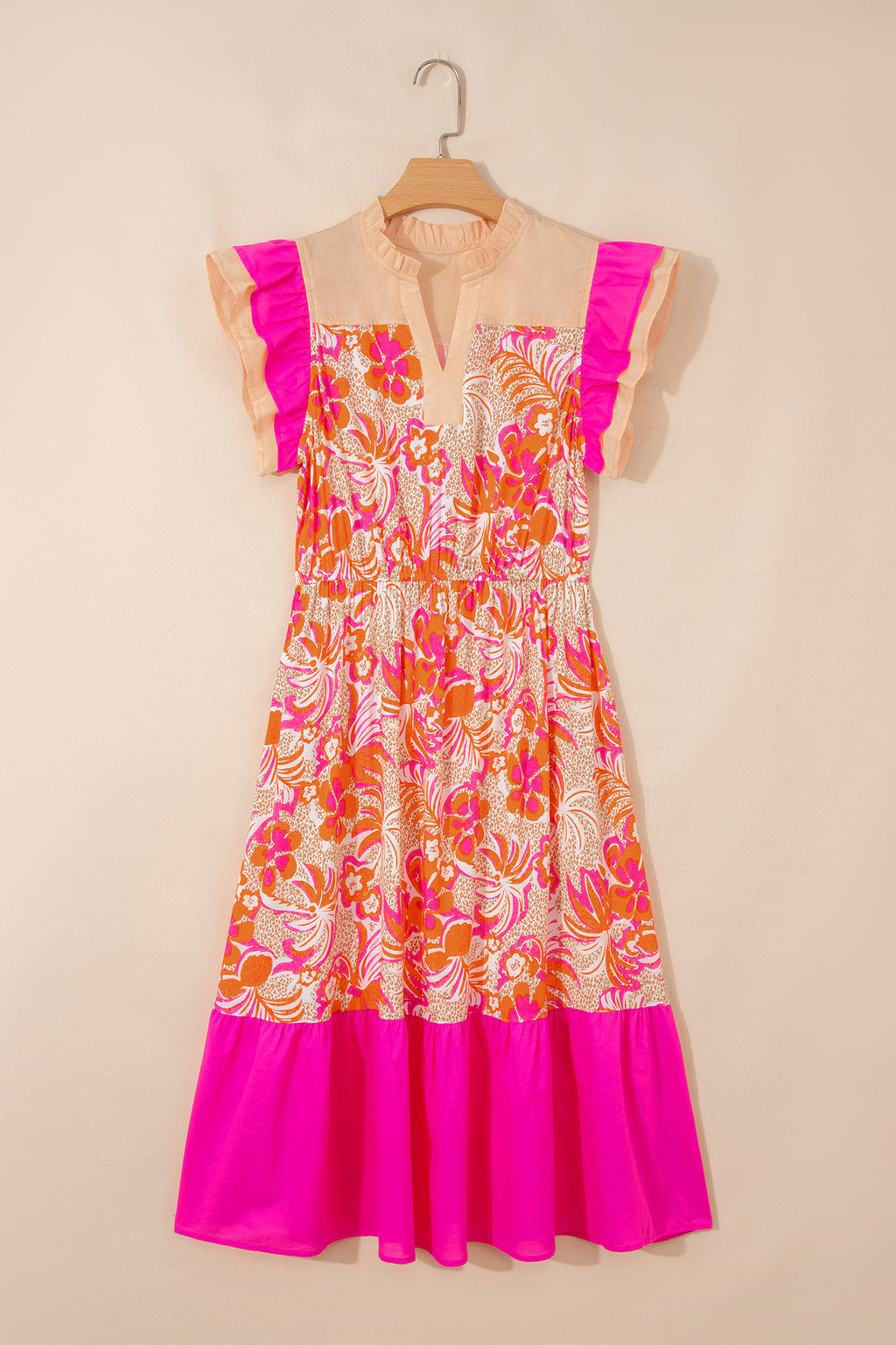 Rose Floral Print Color Block Ruffled Short Sleeve Flared Midi Dress