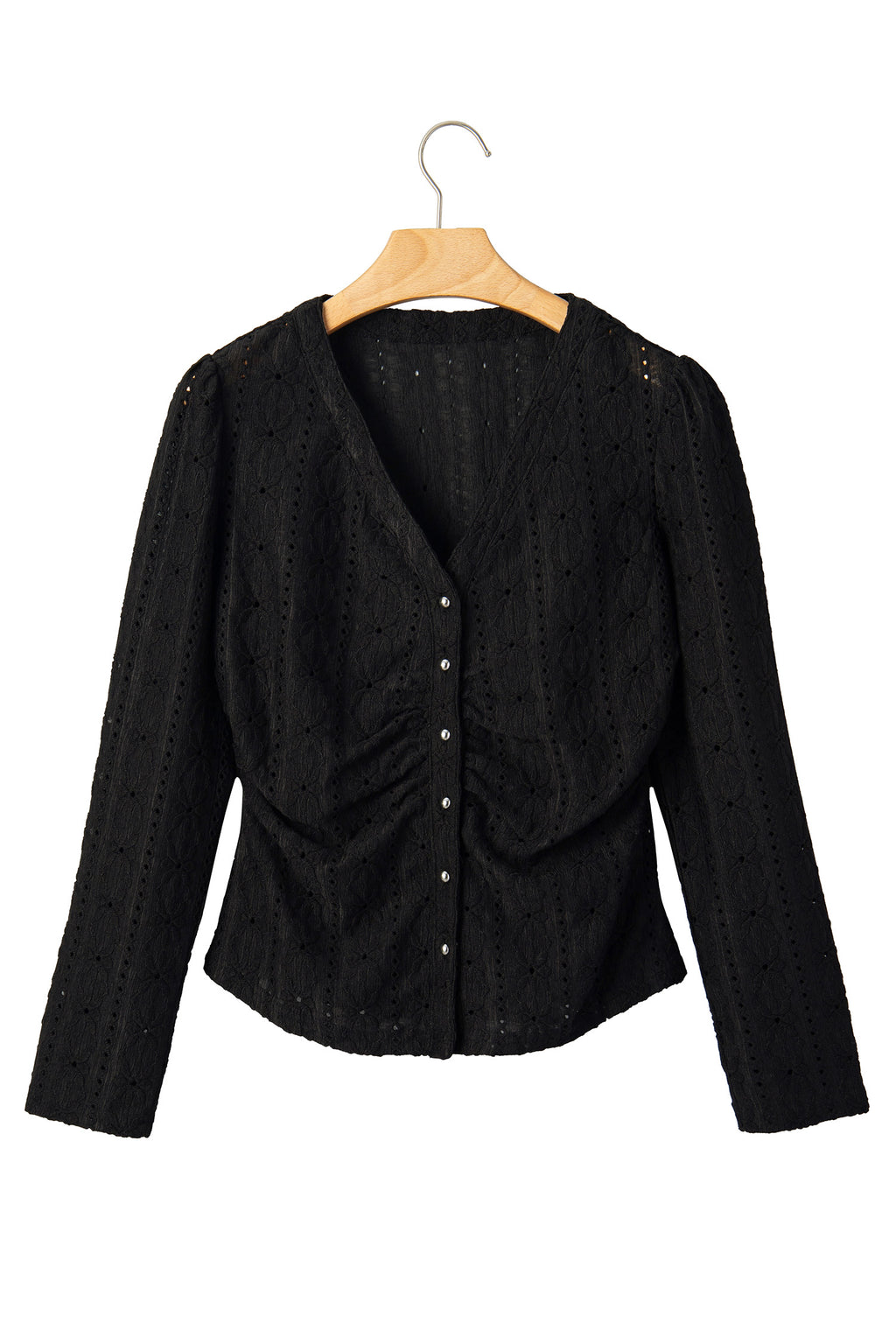Black V Neck Floral Knit Long Sleeve Button Front Fit Blouse