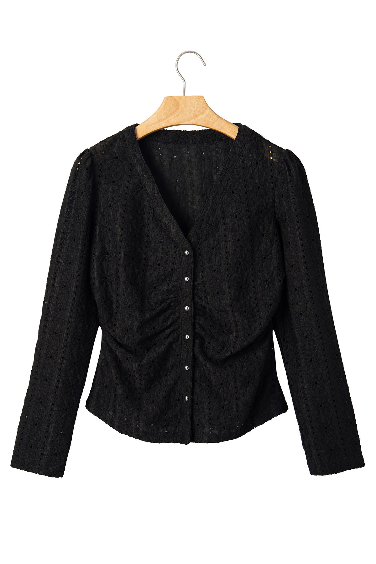 Black V Neck Floral Knit Long Sleeve Button Front Fit Blouse