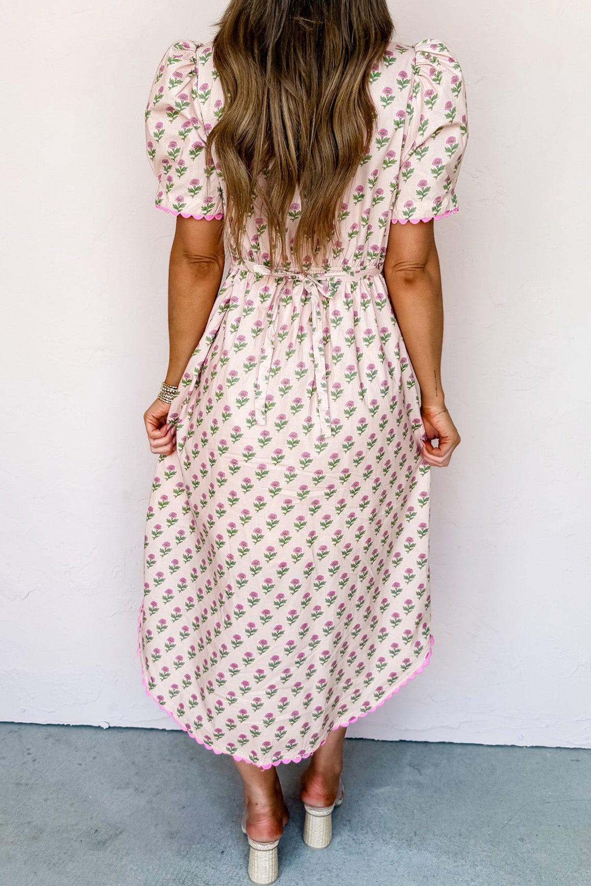 Pink Floral Print V Neck Scallop Trim Button Front Short Sleeve Long Dress