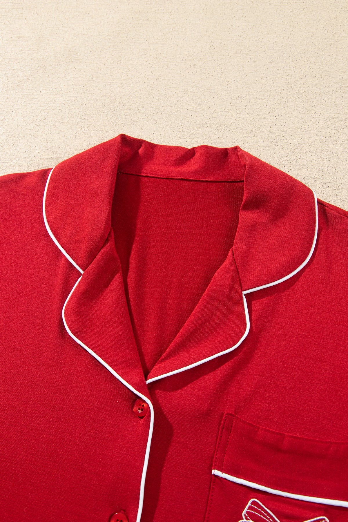 Racing Red Bow Pocket Detail Long Sleeve Shirt 2pcs Pajama Set