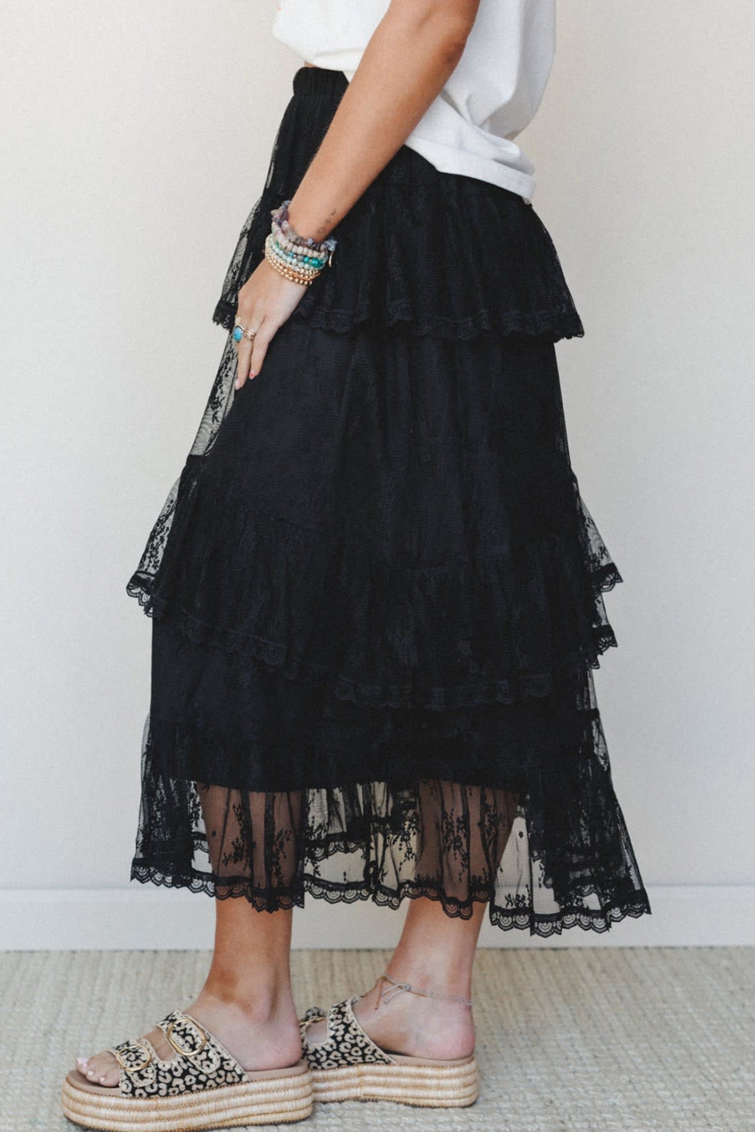 Black Elegant Ruffle Lace Tiered Skirt