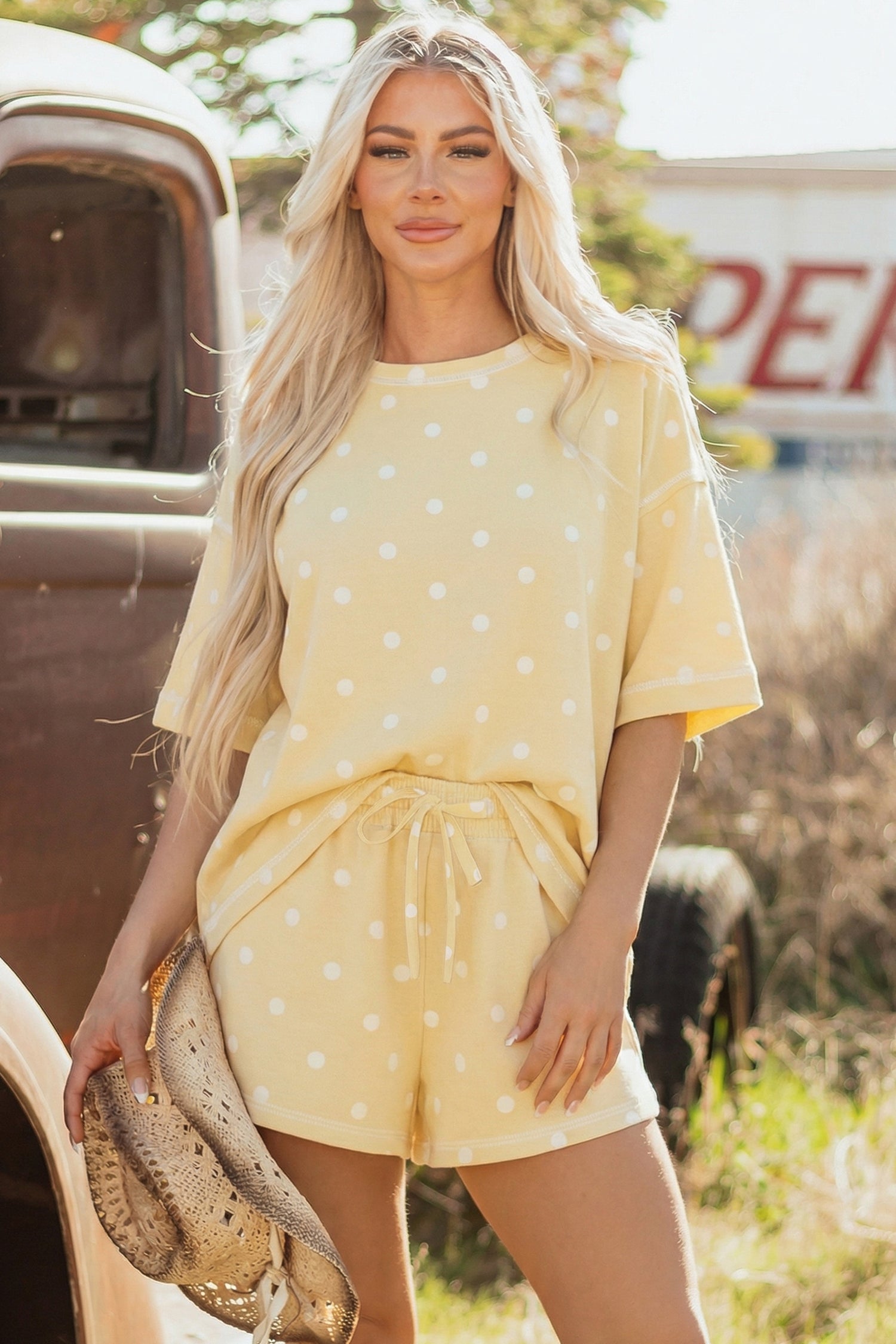 White Exposed Seam Detail Polka Dot Loose Tee Drawstring Shorts Set