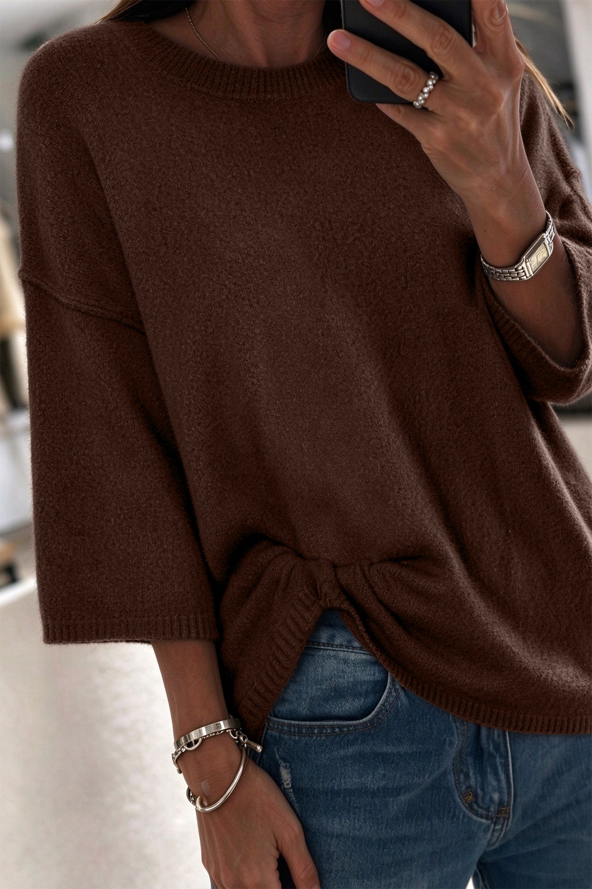 White Solid Color Knit Half Sleeve Round Neck Shift Sweater