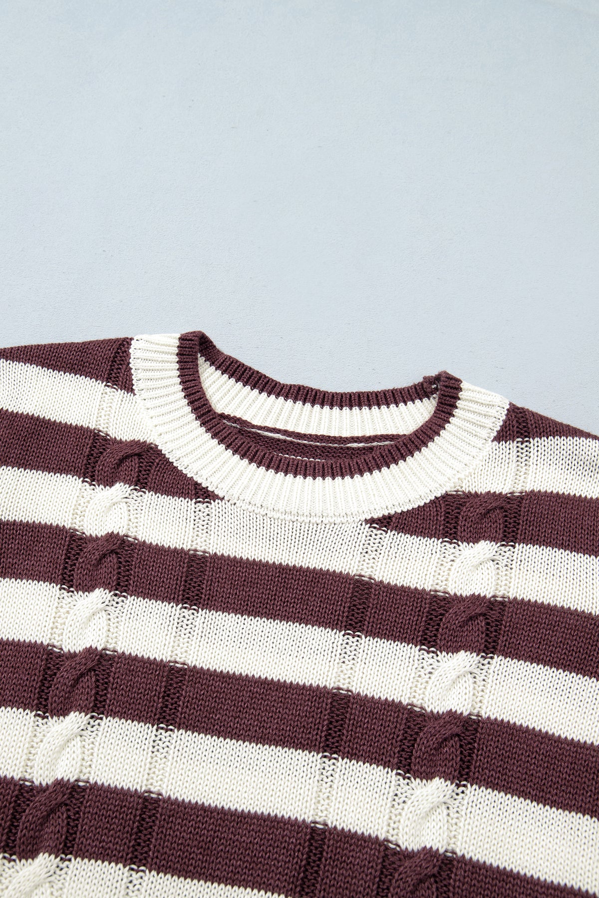 Brown Stripe Ribbed Knit Cable Detail Short Sleeve Sweater