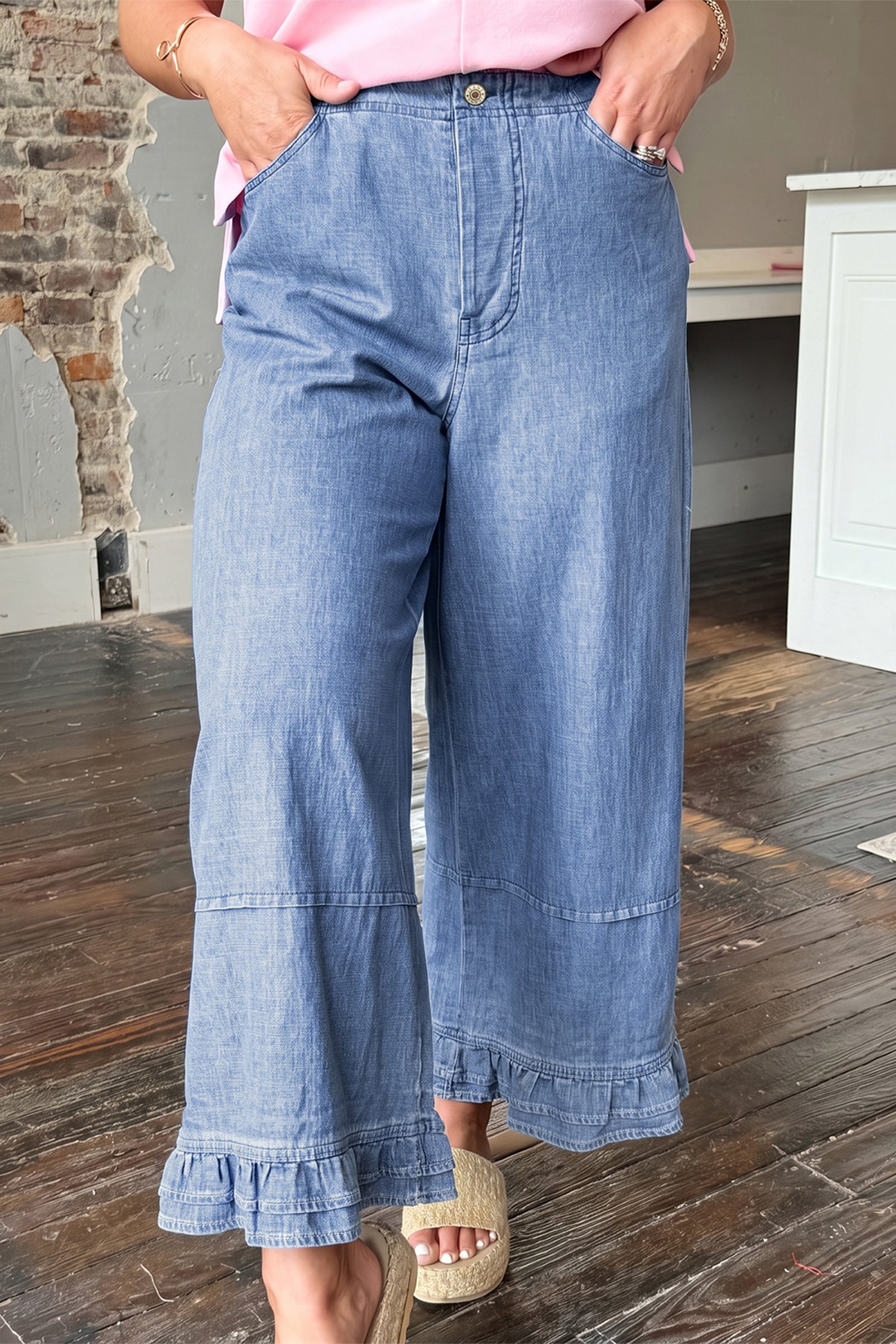 Light Blue Ruffle Hem Wide Leg Full Length Plus Size Jeans