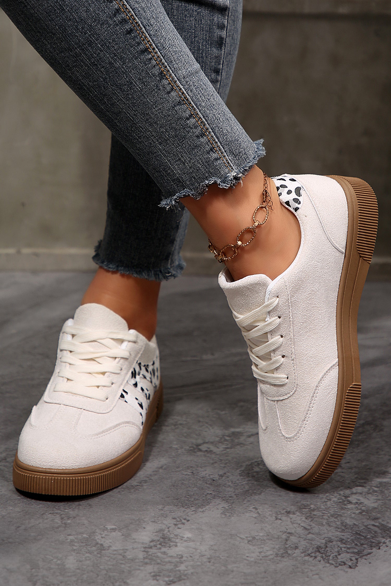 White Suede Leopard Color Block Trim Lace Up Casual Shoes