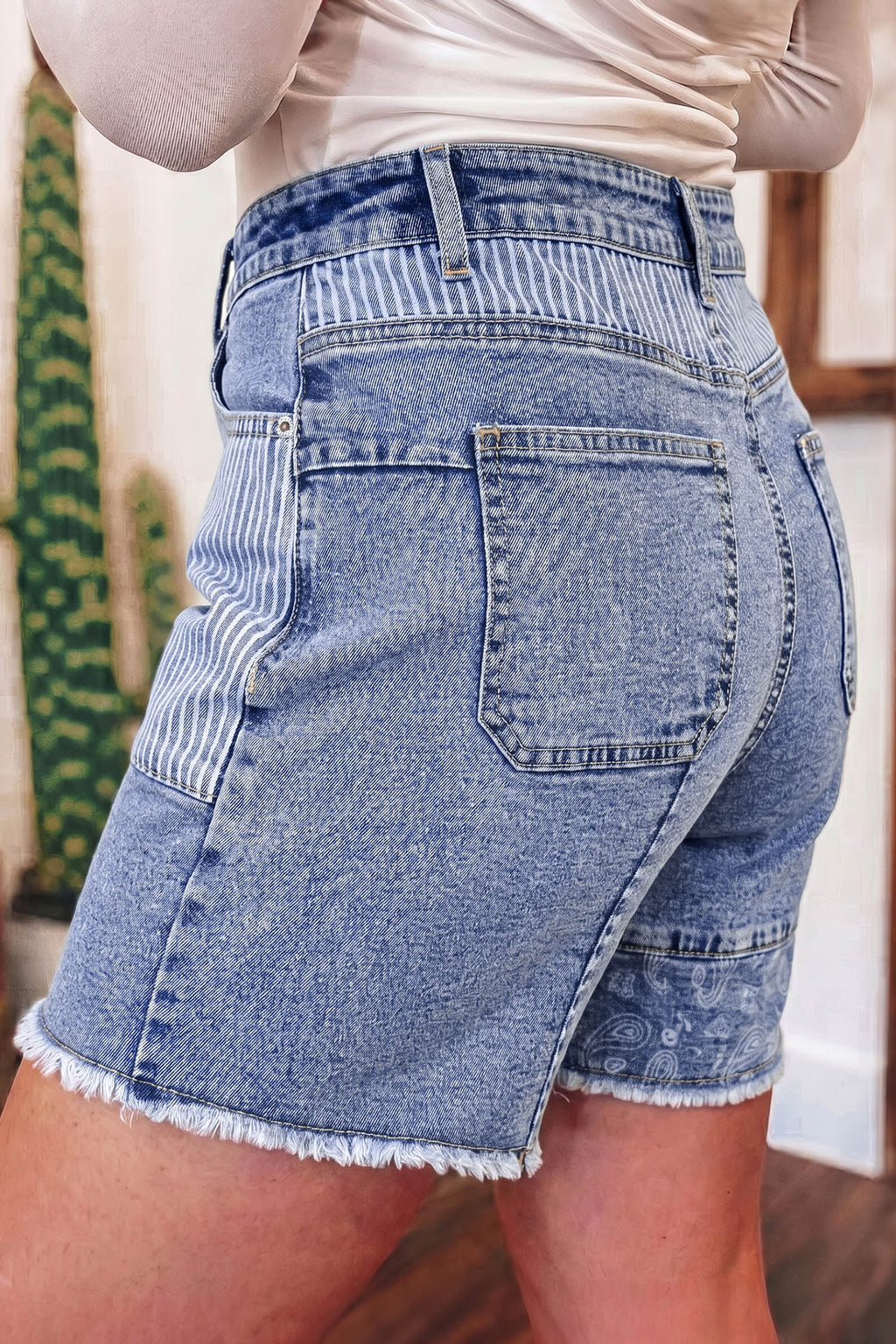 Sky Blue Striped Paisley Mixed Patchwork Raw Hem Denim Shorts