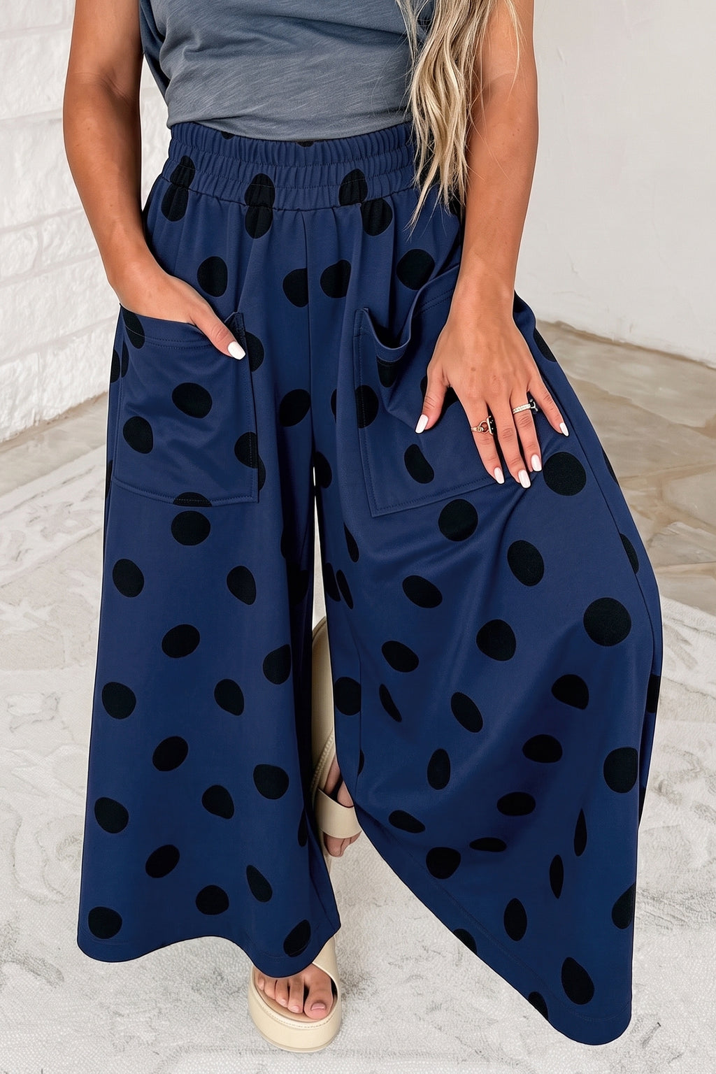 Black Polka Dot Wide Leg Elastic Waist Casual Pants