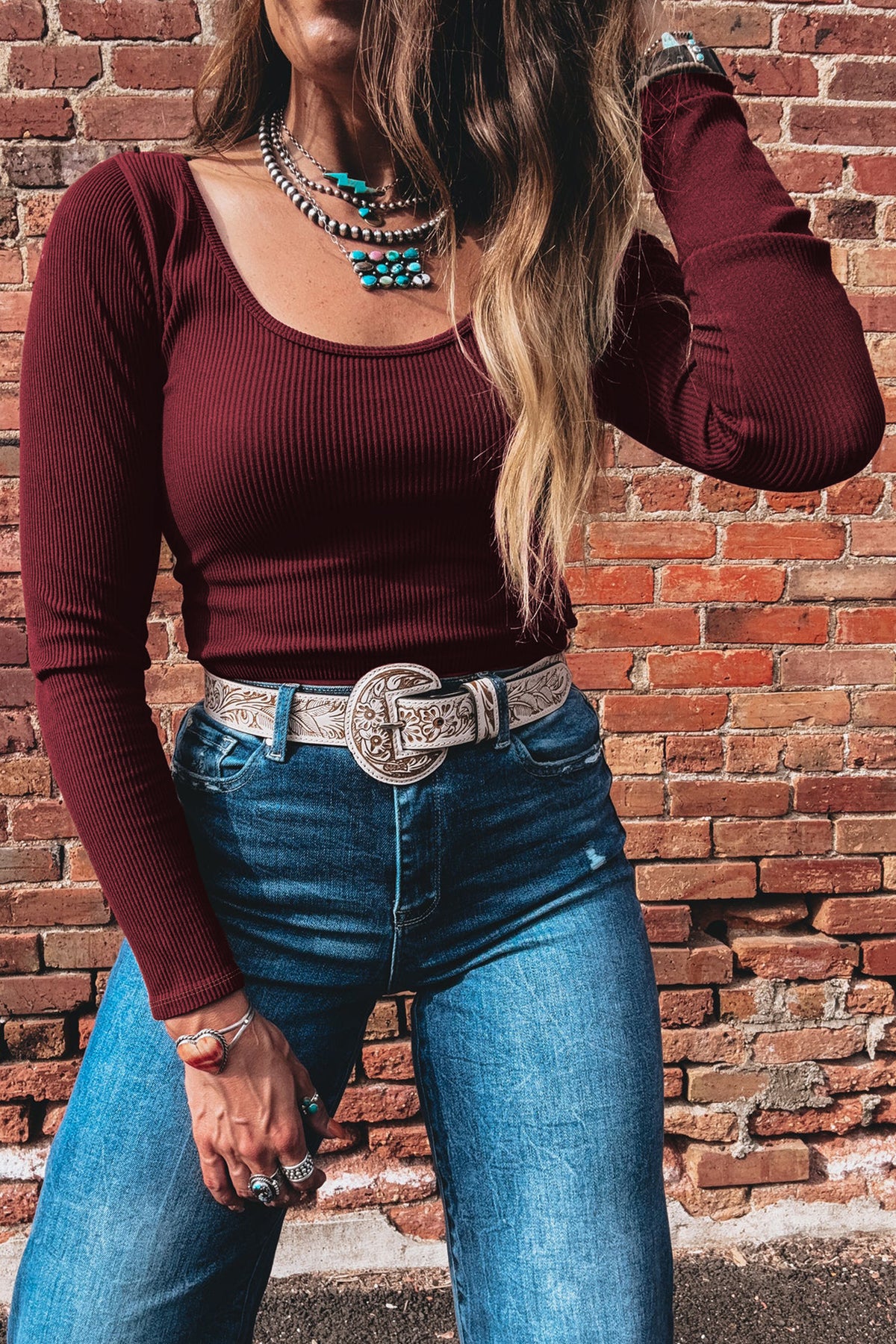 Coffee Ribbed Solid Color U Neck Cropped Long Sleeve Top