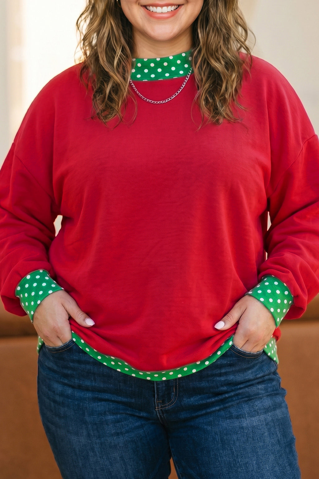 Red Polka Dot Patchwork Round Neck Plus Size Sweatshirt