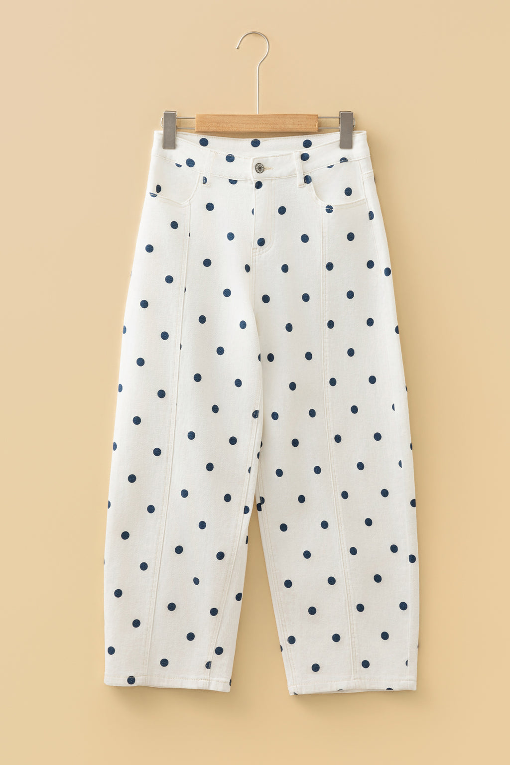 Pink Polka Dot Print Seam Detail Barrel Jeans