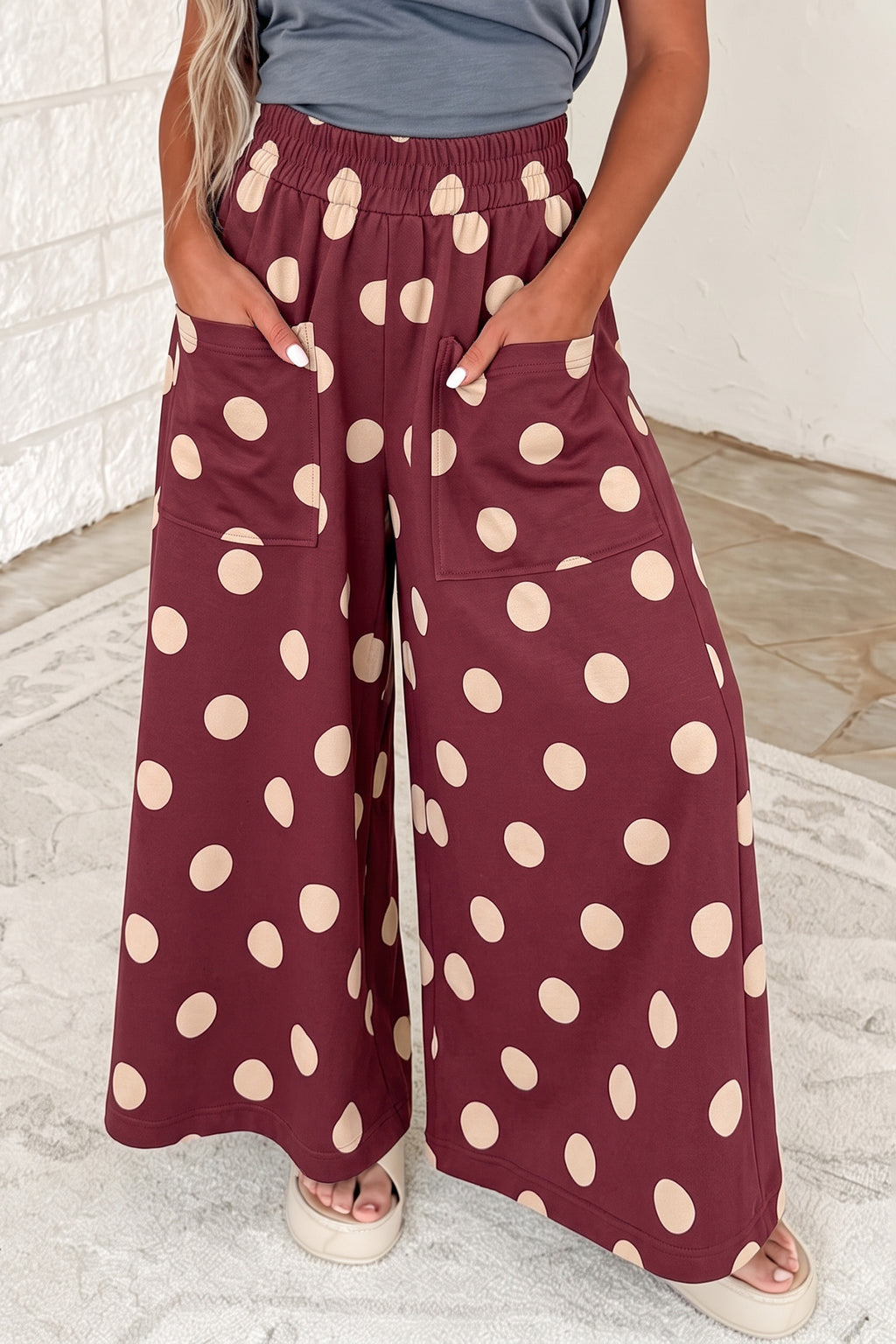 Black Polka Dot Wide Leg Elastic Waist Casual Pants