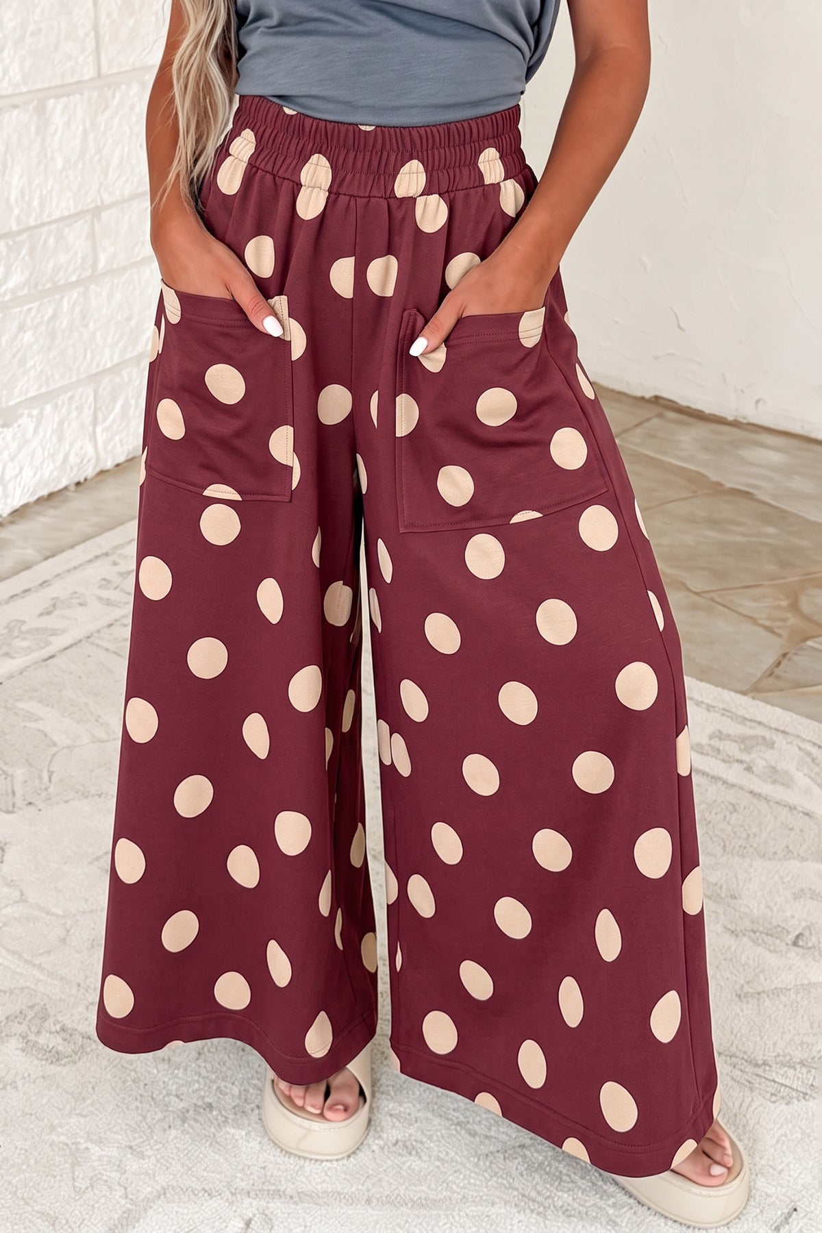 Black Polka Dot Wide Leg Elastic Waist Casual Pants
