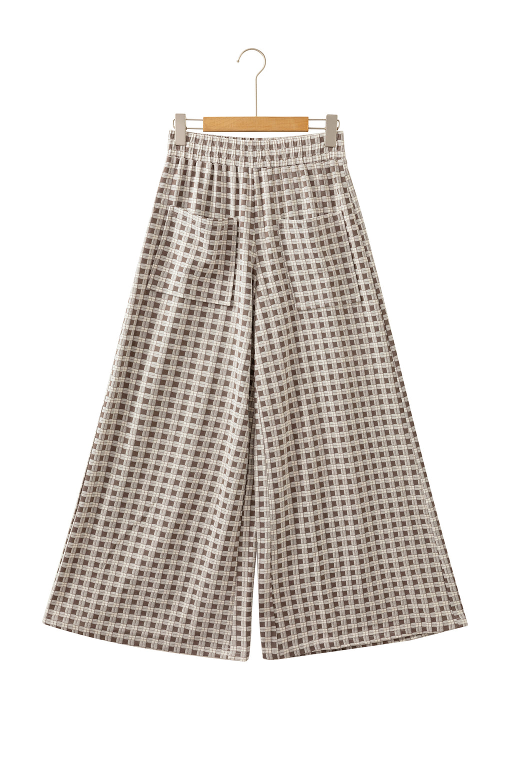Khaki Plaid Elastic Waist Patch Pocket Wide Leg Pants