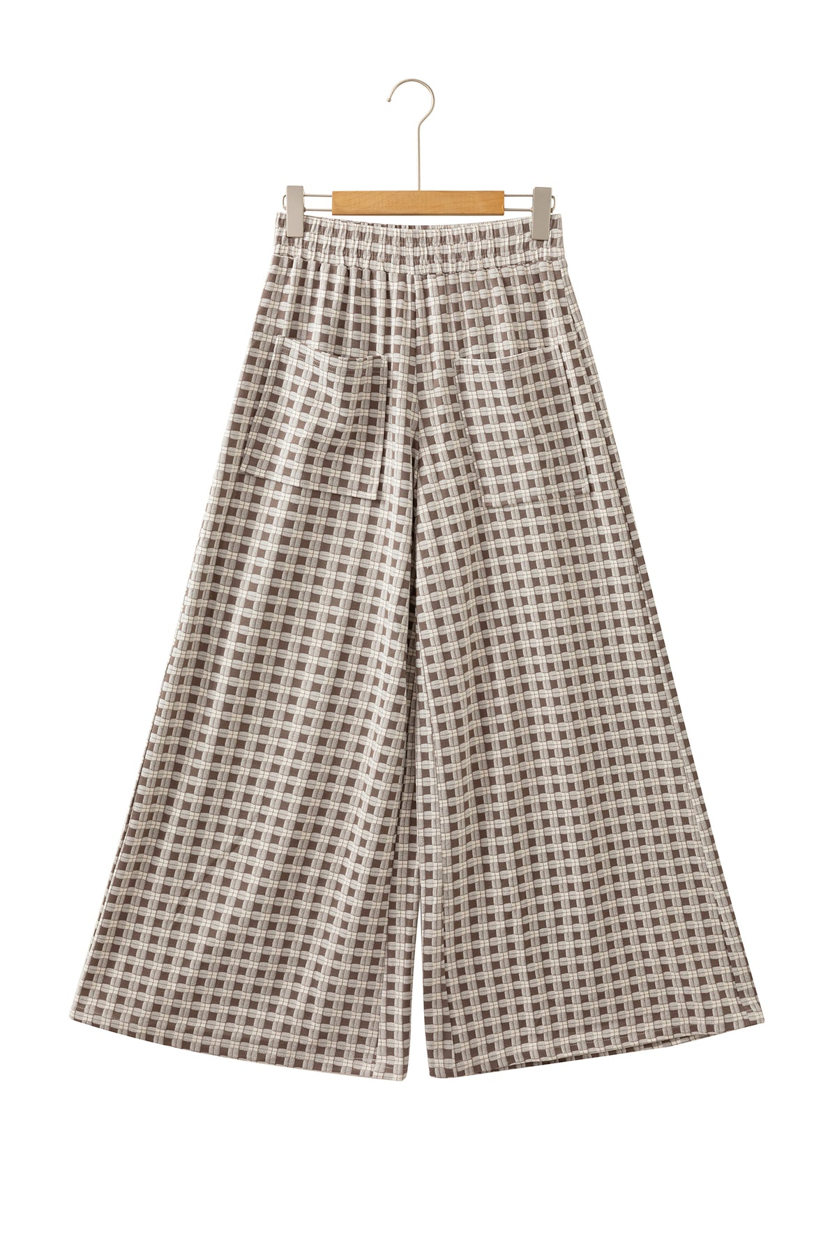 Khaki Plaid Elastic Waist Patch Pocket Wide Leg Pants