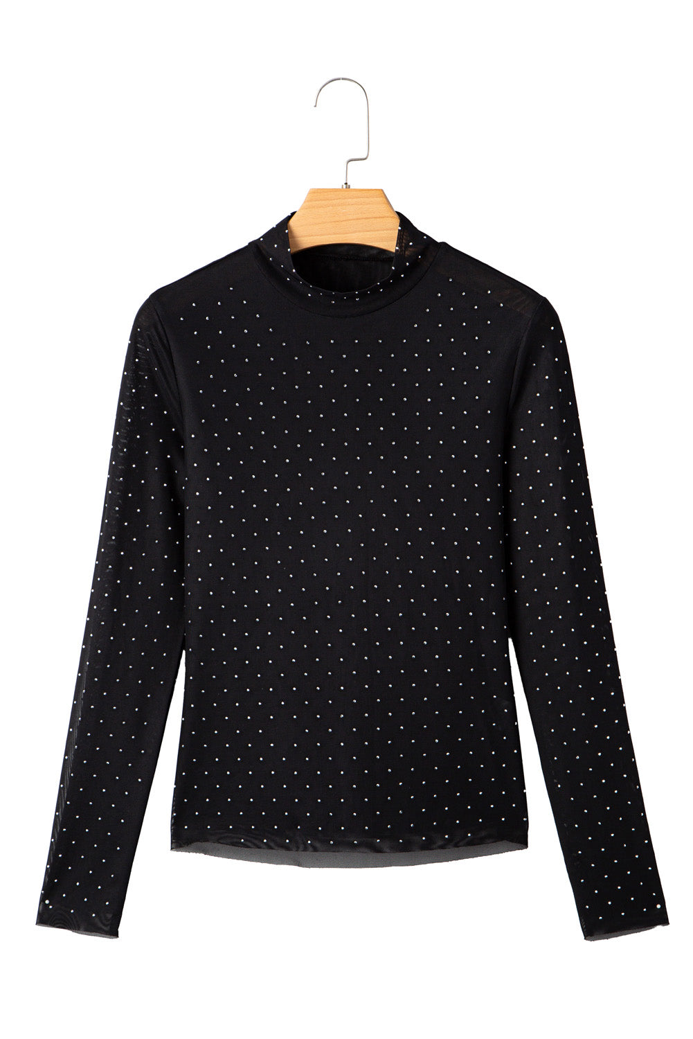 Black Rhinestone Embellished Mesh Long Sleeve Top