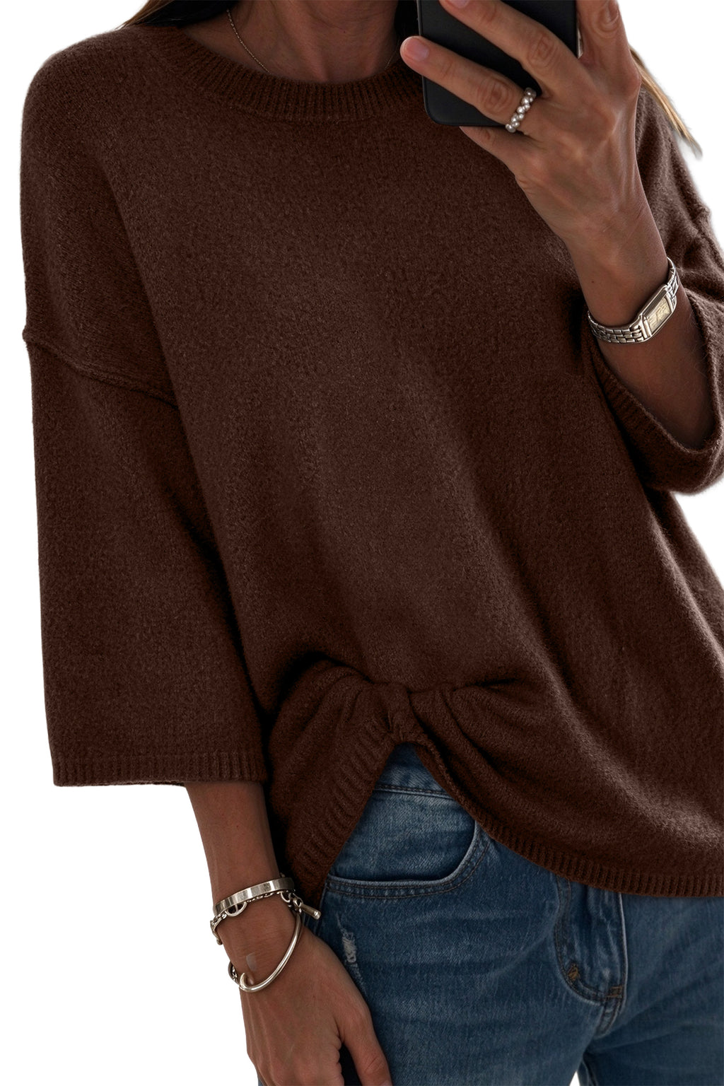 White Solid Color Knit Half Sleeve Round Neck Shift Sweater