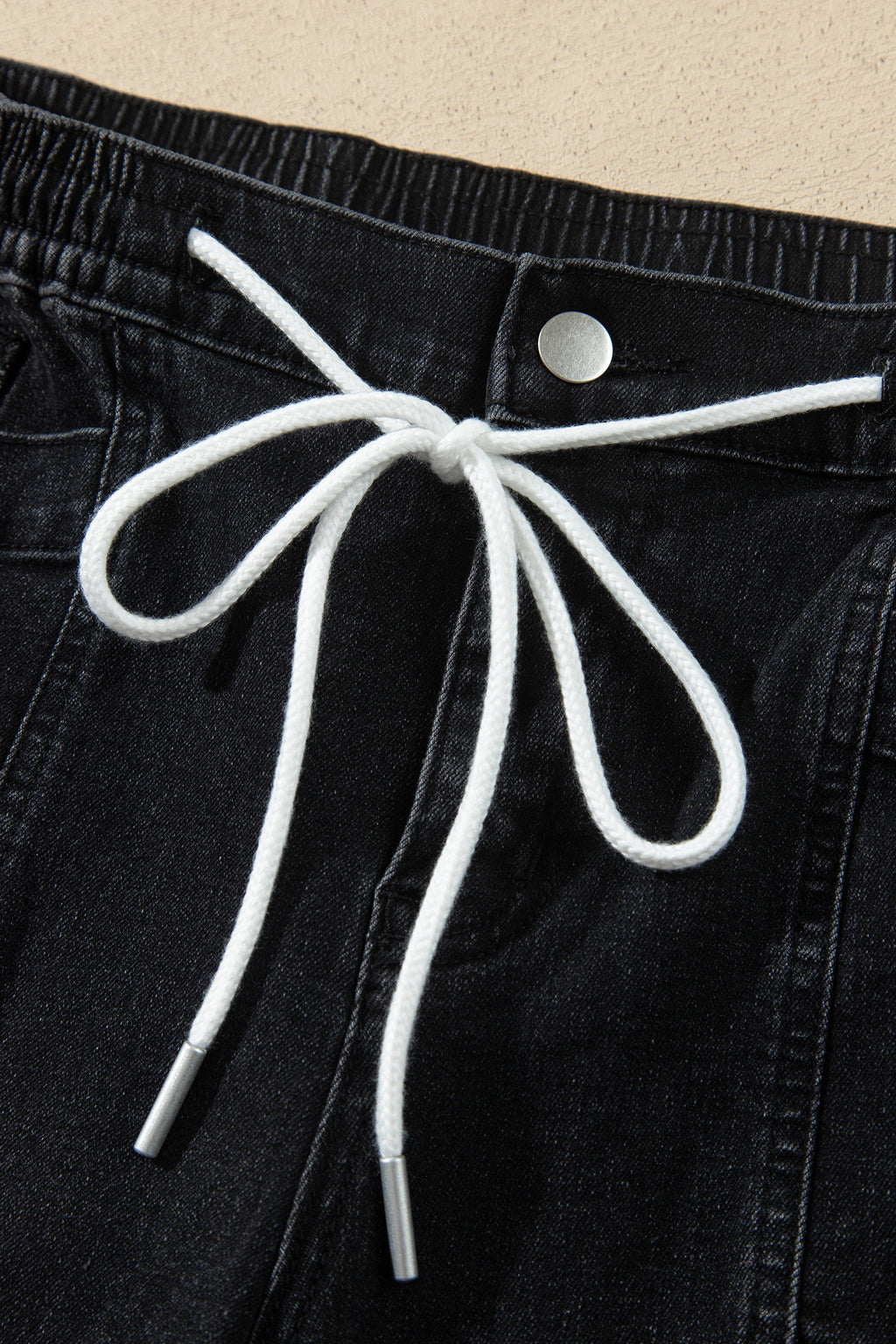 Black Drawstring Waist Ankle Length Casual Jeans Regular Fit Pocket Detail Denim Pants