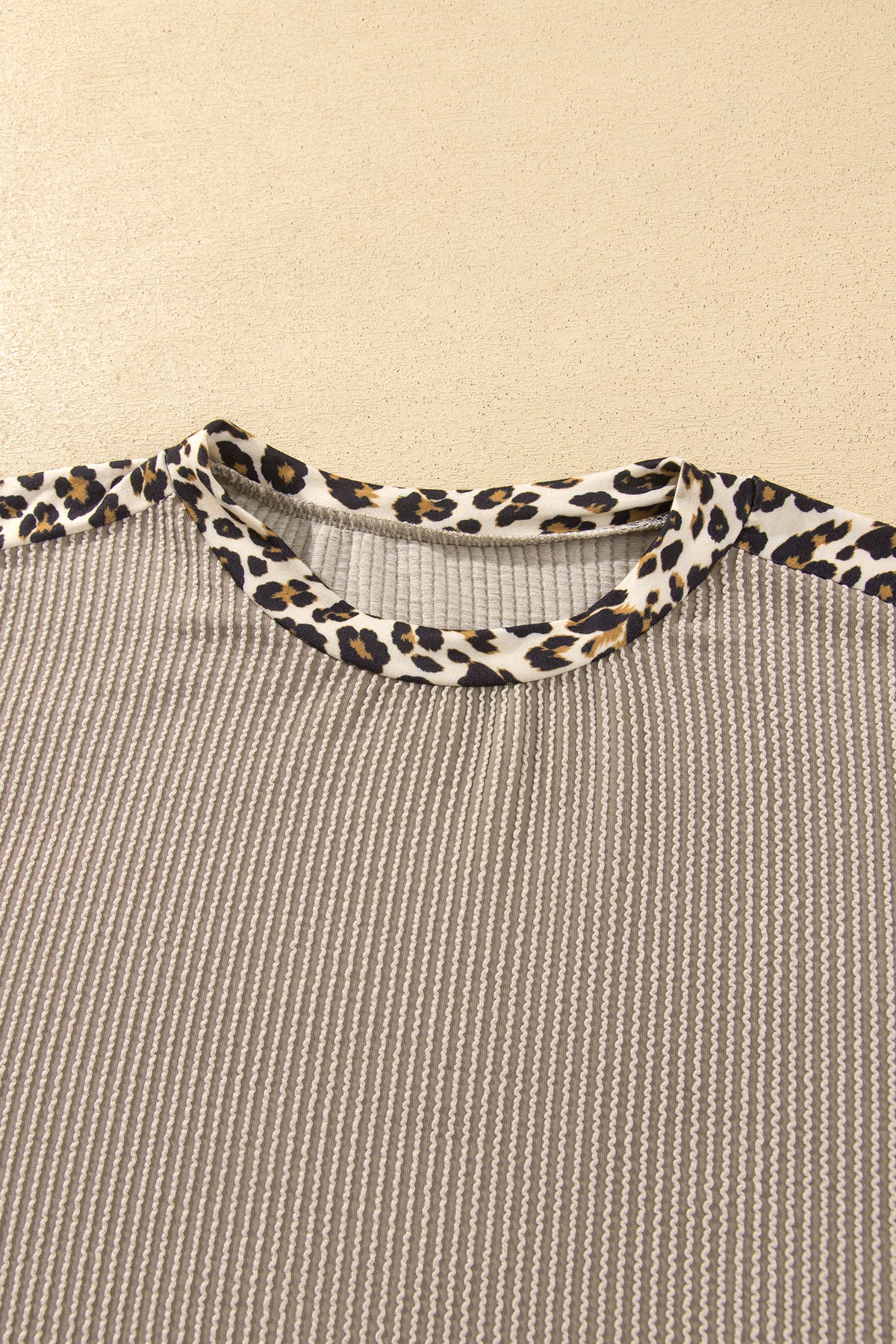 Simply Taupe Cozy Ribbed Patchwork Leopard Trim Long Sleeve 2pcs Pant Set