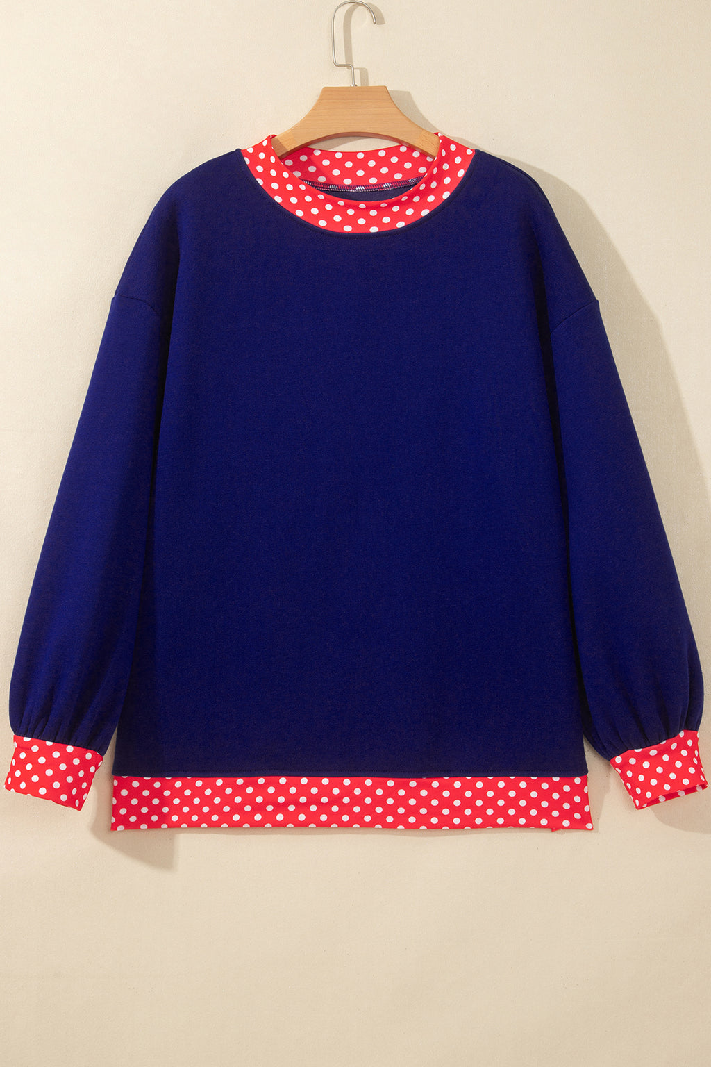 Dark Blue Colorblock Polka Dot Contrast Trim Oversized Sweatshirt