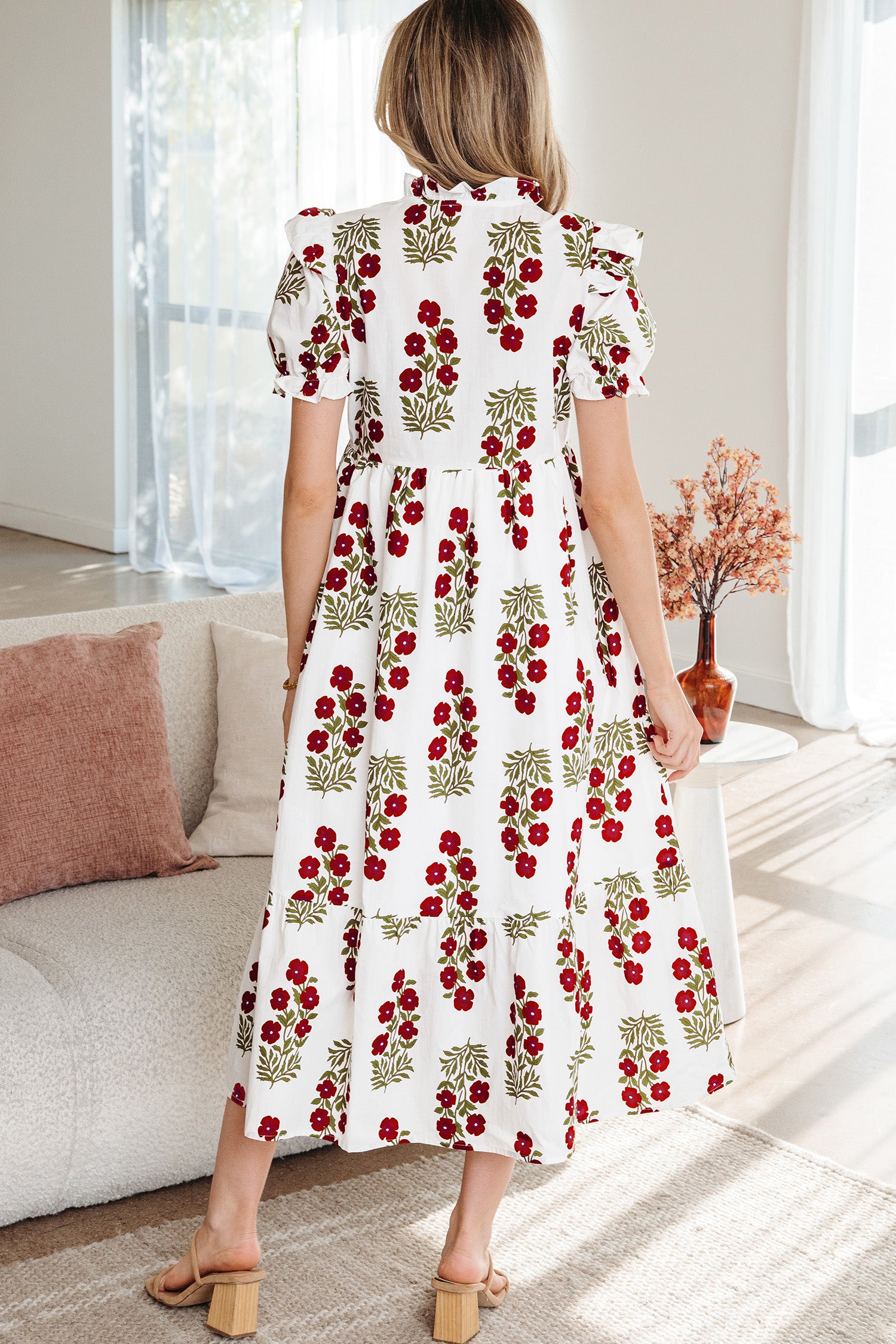 Black Floral Short Bubble Sleeve Tiered Maxi Dress