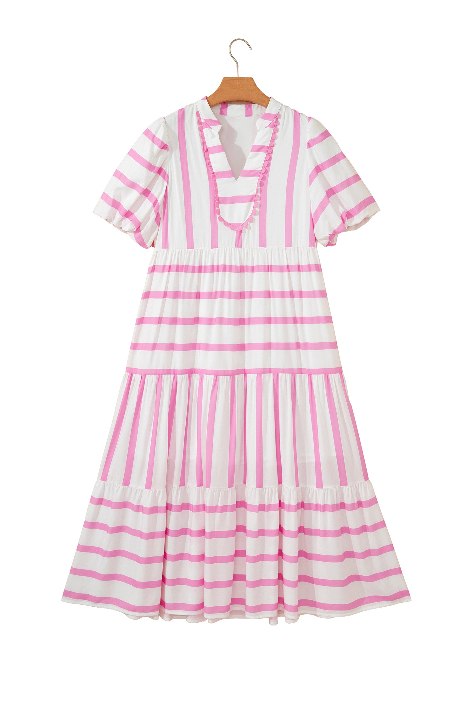 Pink Stripe Ricrac Trim Notched Neck Half Sleeve Vacation Dress
