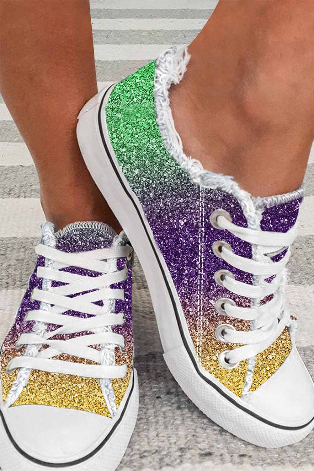 Multicolor Shiny Gradient Raw Hem Lace Up Flat Canvas Shoes