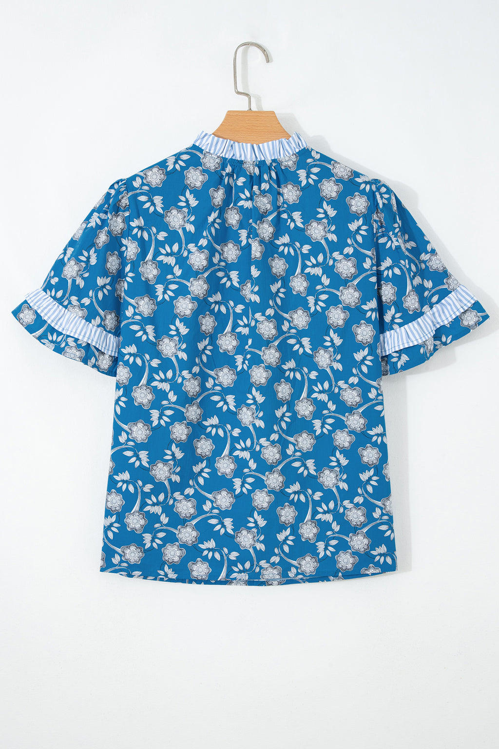 Blue Floral Print Button Tie Neck Striped Detail Short Sleeve Blouse