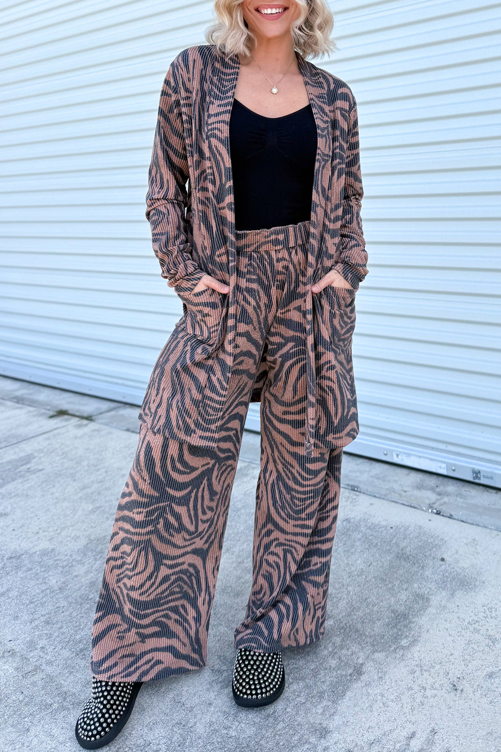 Khaki Twisted Ribbed Zebra Print Open Cardigan Wide Leg Pant Set