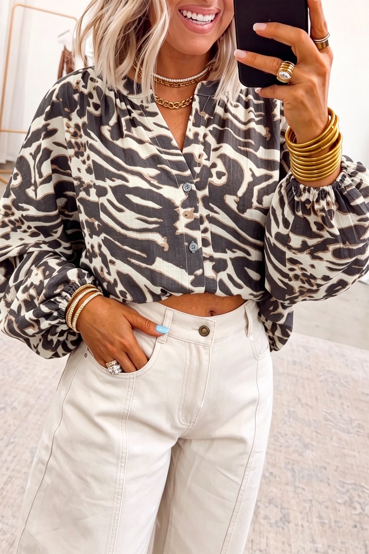 Parchment Leopard Print V Neck Button Down Balloon Sleeve Shirt