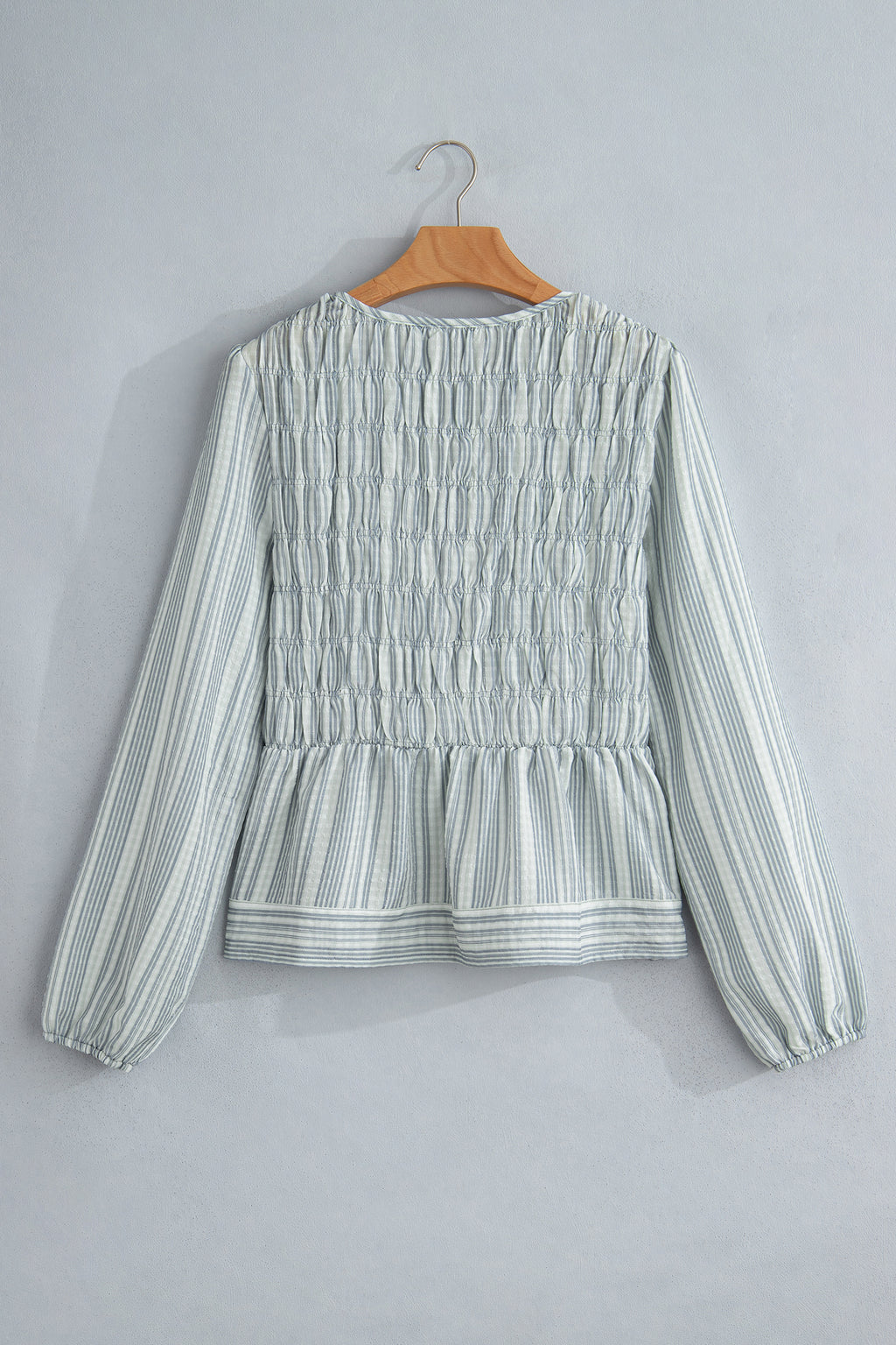 Blue Stripe V Neck Shirred Long Sleeve Blouse