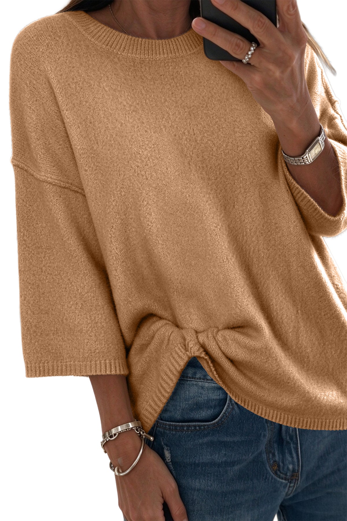 White Solid Color Knit Half Sleeve Round Neck Shift Sweater