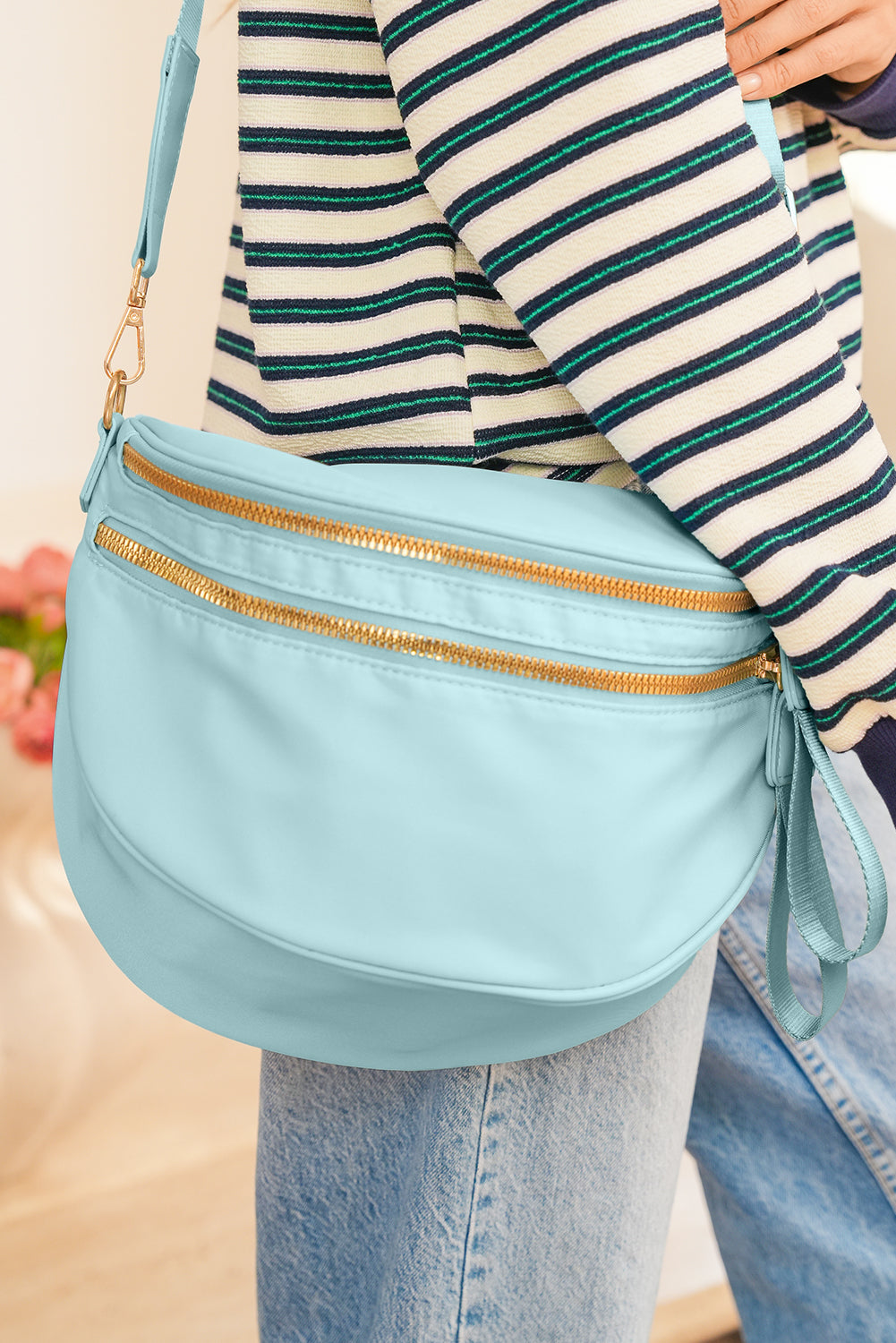 Pink Double Zip Crescent Shape Adjustable Sling Bag